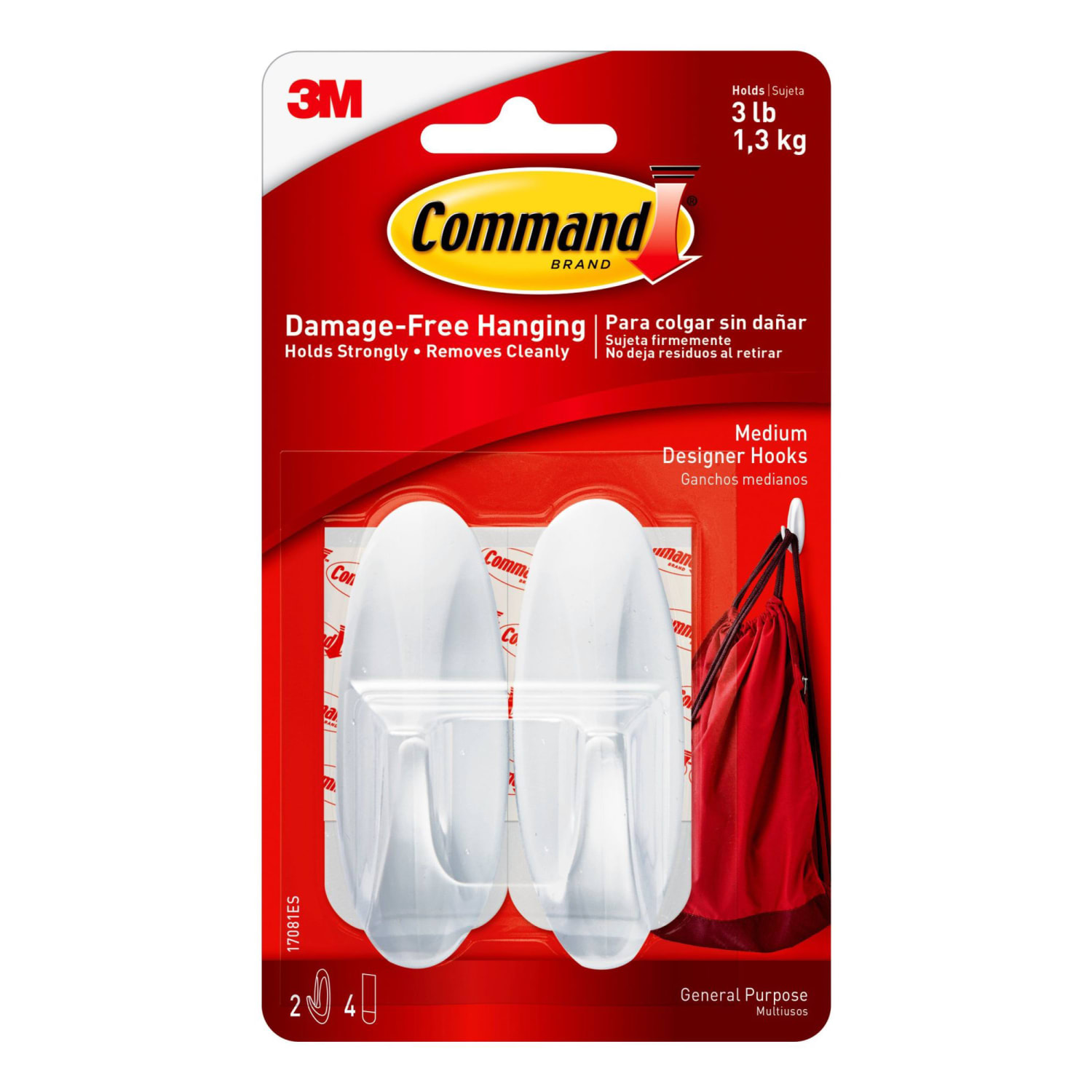 Command Medium Hooks, 2 Hooks, 4 White Adhesive Strips, Damage Free Hanging Picture Hangers, No Tools Wall Hanging Strips For Living Spaces