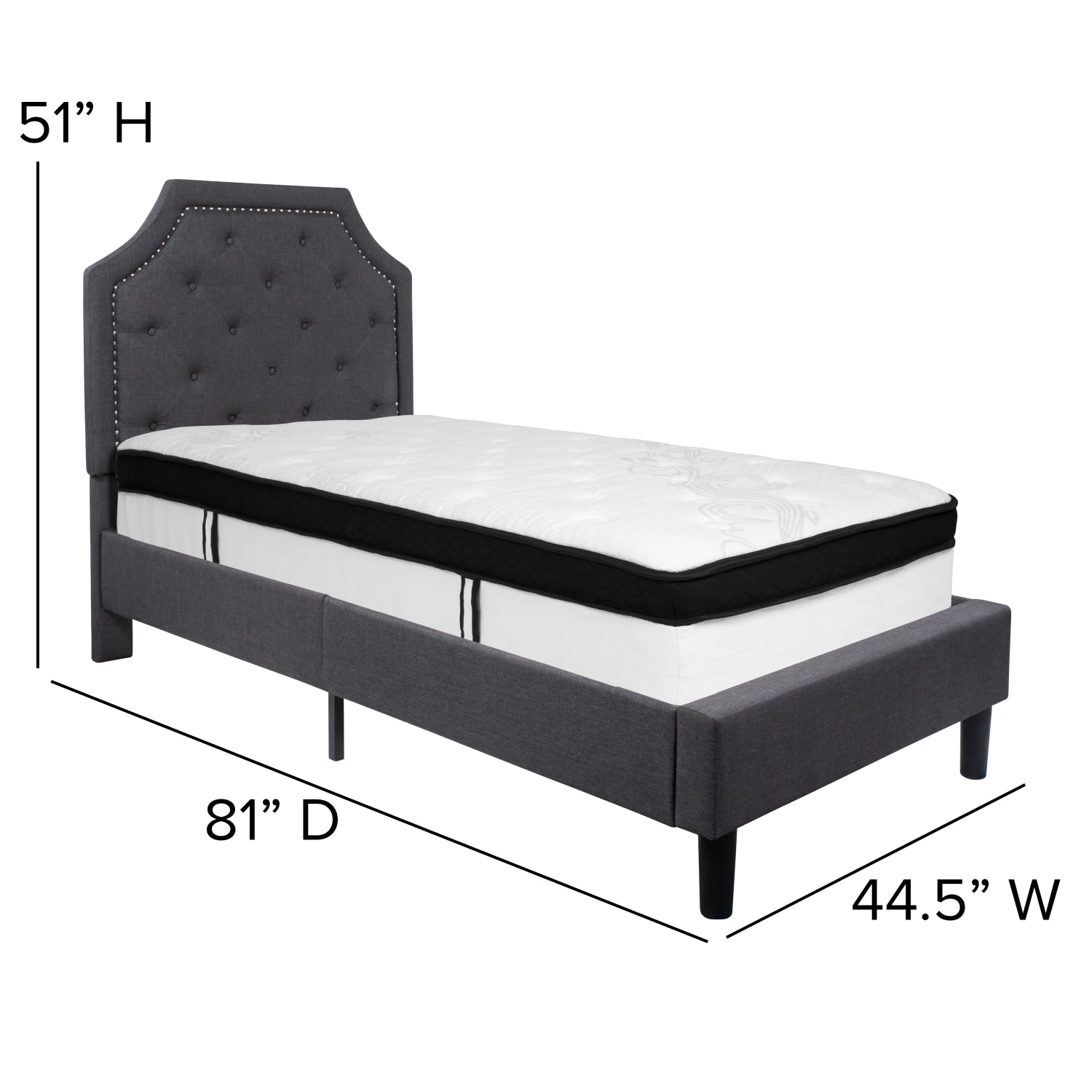 Flash Furniture Brighton Arched Tufted Upholstered Platform Bed And Memory Foam Pocket Spring Mattress, Twin, Dark Gray - Image 4