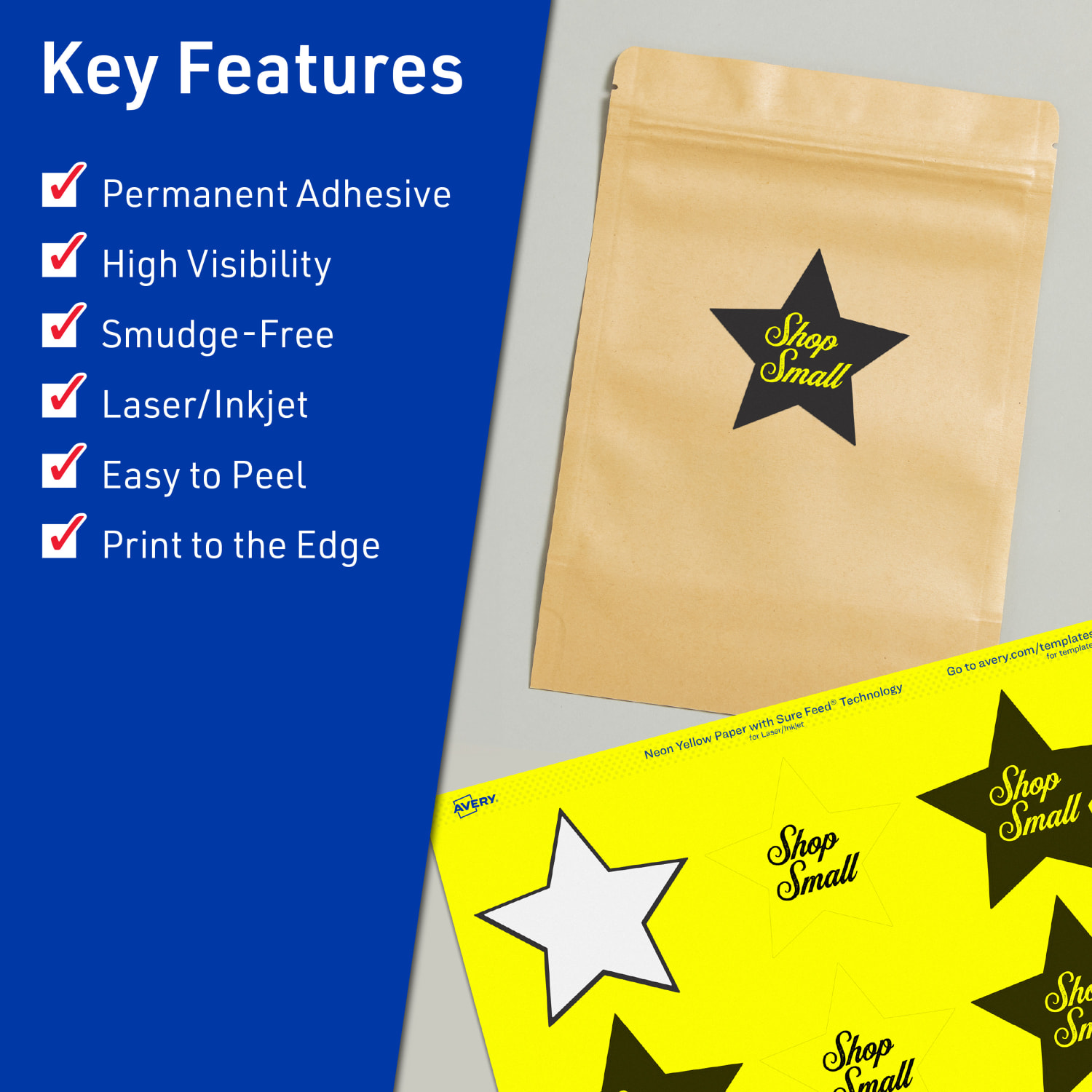 Avery Print-To-The-Edge Labels With Sure Feed Technology, 94611-NYP10, Star, 2-1/4in x 2-3/8in, Matte Neon Yellow, Pack of 120 - Image 3
