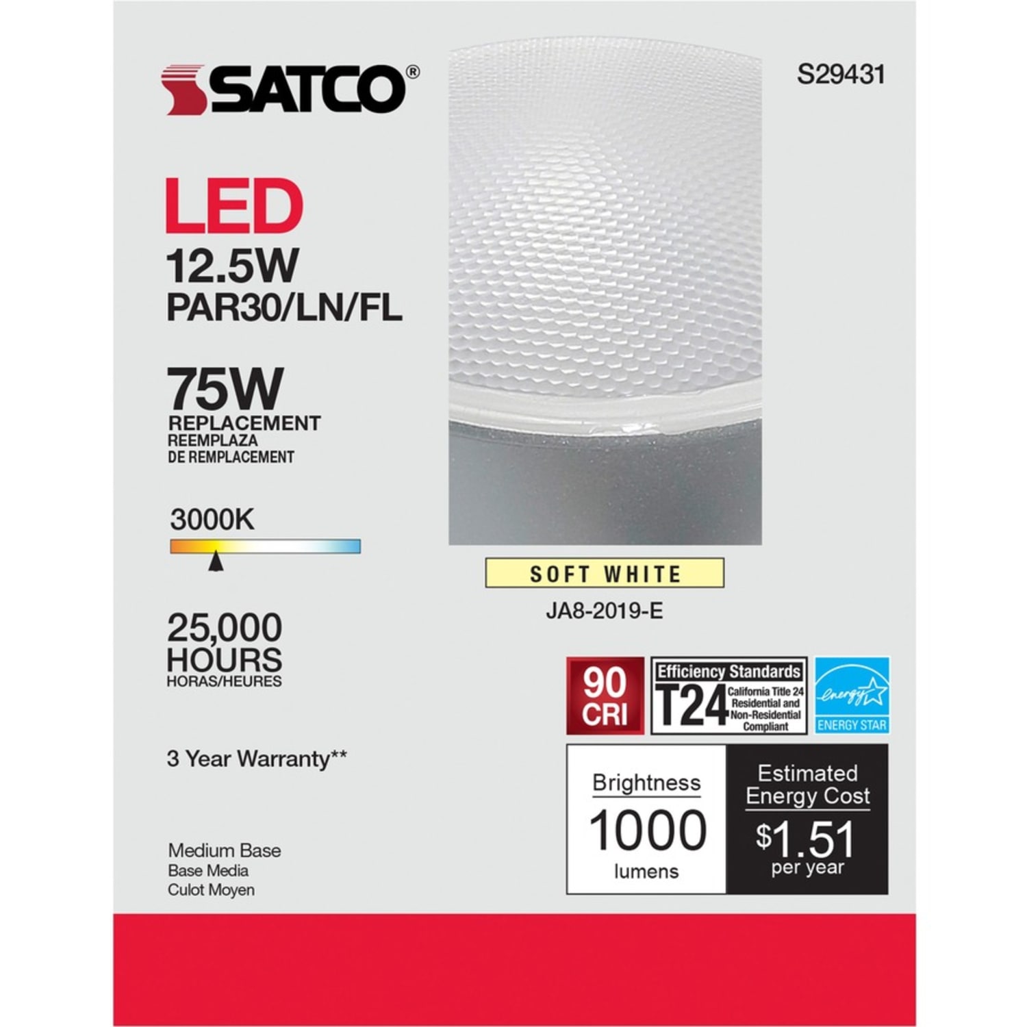 Satco PAR 30 LN LED Bulb - 12.50 W - 75 W Incandescent Equivalent Wattage - 120 V AC - 1000 lm - Parabolic Reflector - S29431 - Image 6