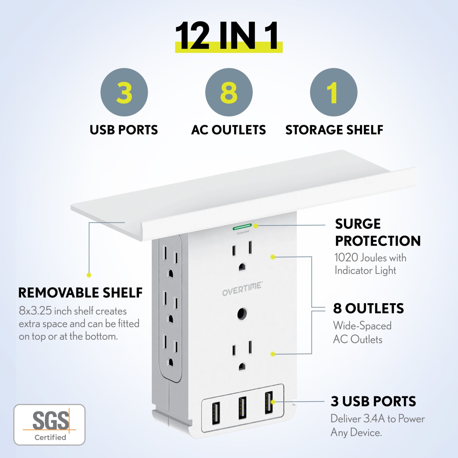 Overtime Multi-Plug Outlet Extender, 5-1/2in x 8in x 3-1/16in, White - Image 3