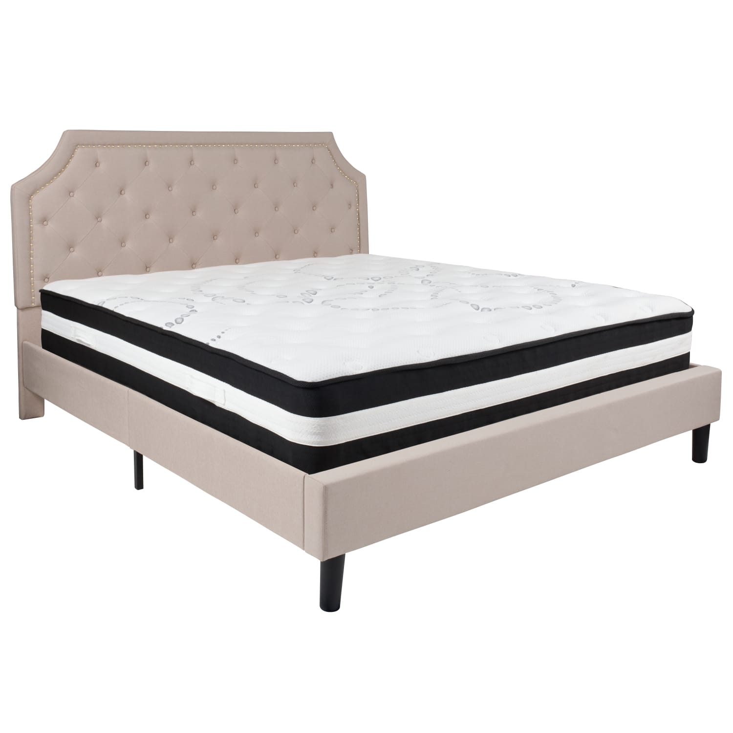 Flash Furniture Brighton Arched Tufted Upholstered Platform Bed And Pocket Spring Mattress, King, Beige - Image 3