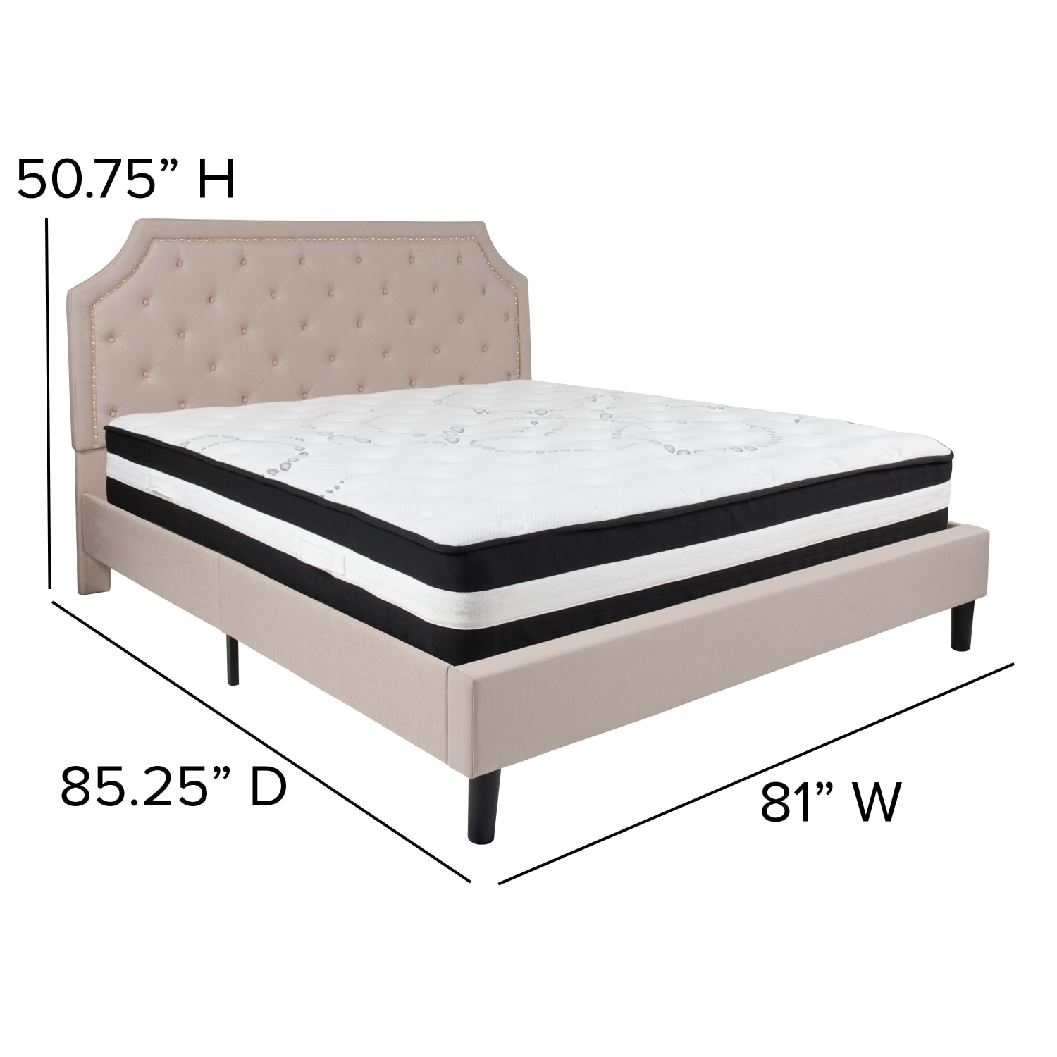 Flash Furniture Brighton Arched Tufted Upholstered Platform Bed And Pocket Spring Mattress, King, Beige - Image 5
