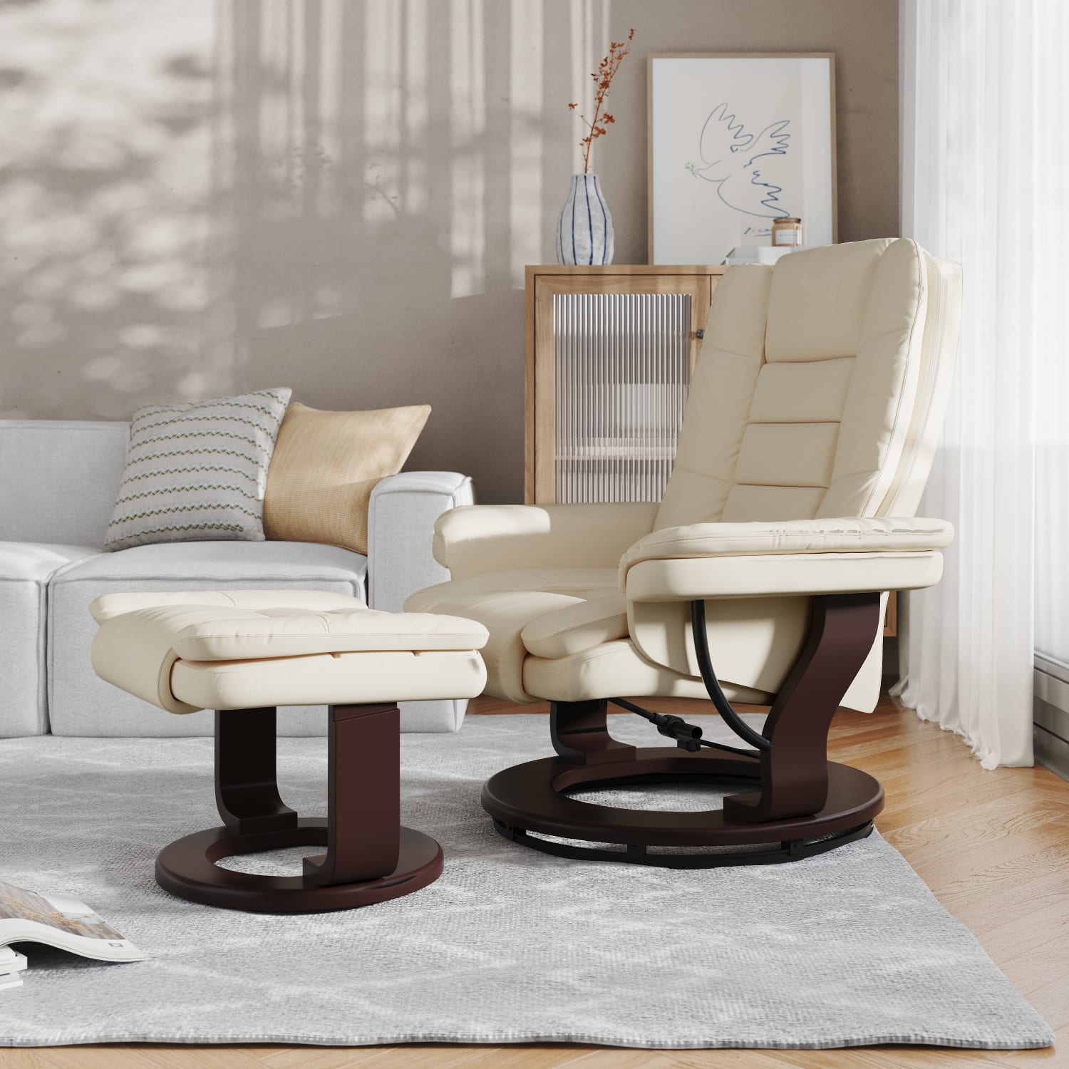 Flash Furniture LeatherSoft Faux Leather Recliner And Ottoman, Beige/Mahogany - Image 3