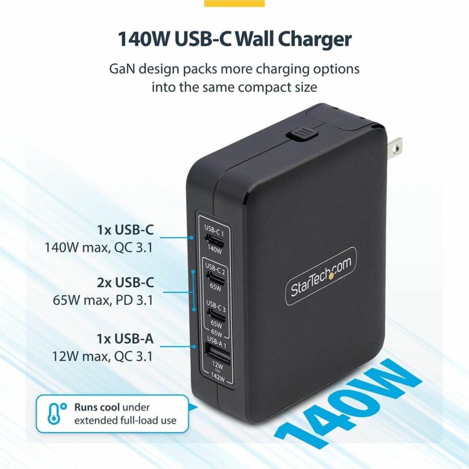 StarTech.com 140W USB-C Wall Charger, 3x USB-C/1x USB-A - Image 3