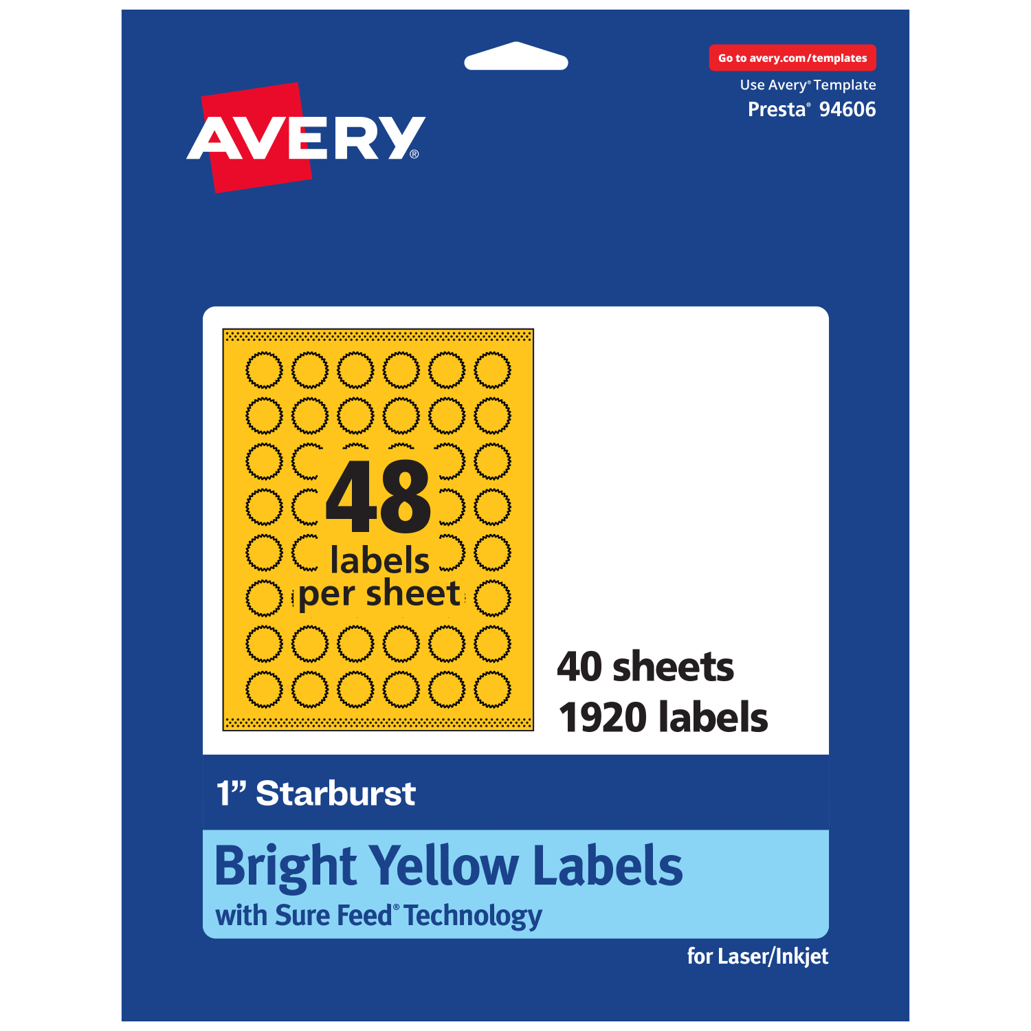 Avery Print-To-The-Edge Labels With Sure Feed Technology, 94606-BYP40, Starburst, 1in, Matte Bright Yellow, Pack of 1920