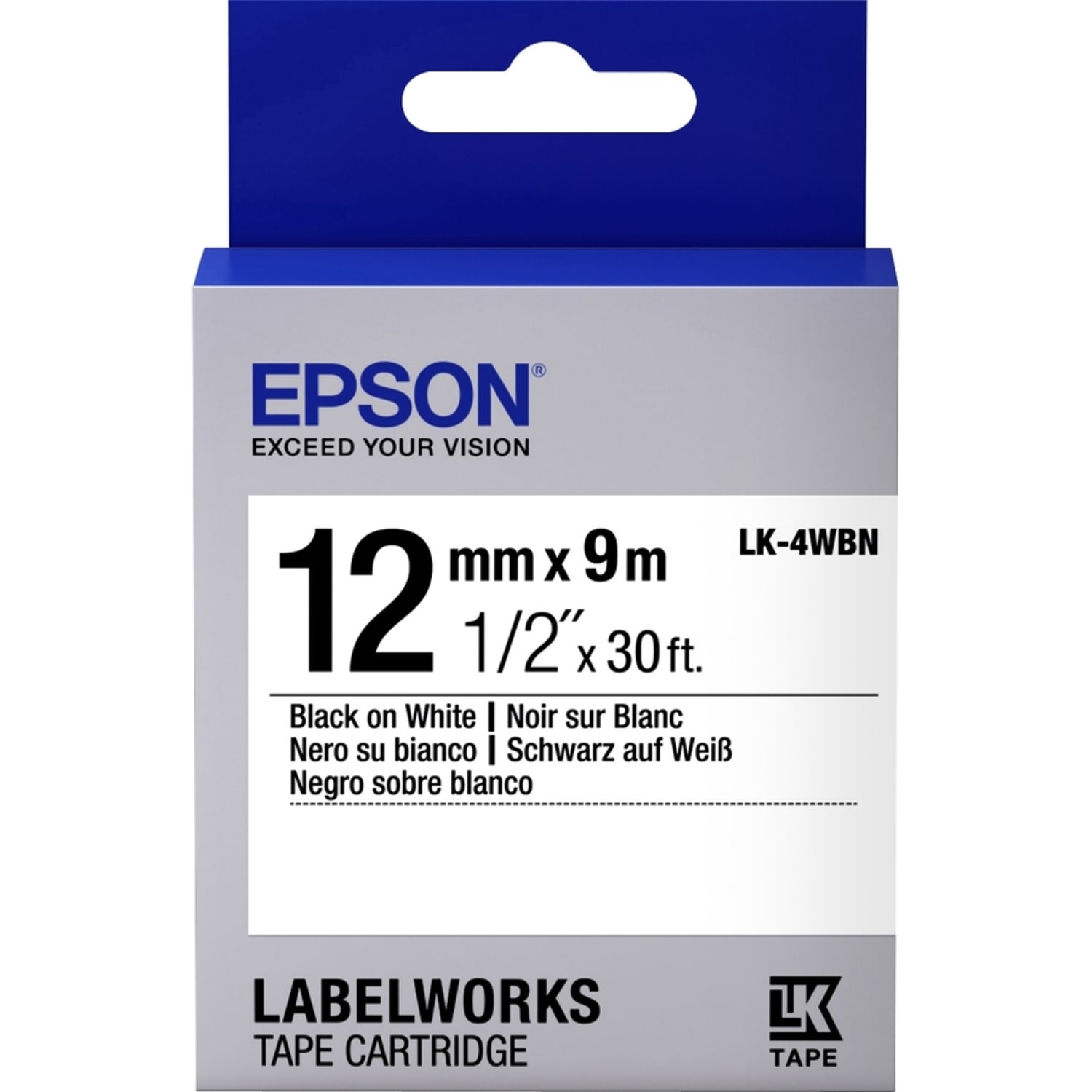 Epson LabelWorks Standard LK-4WBN Tape Cartridge, 1/2in x 30ft, Black/White - Image 3
