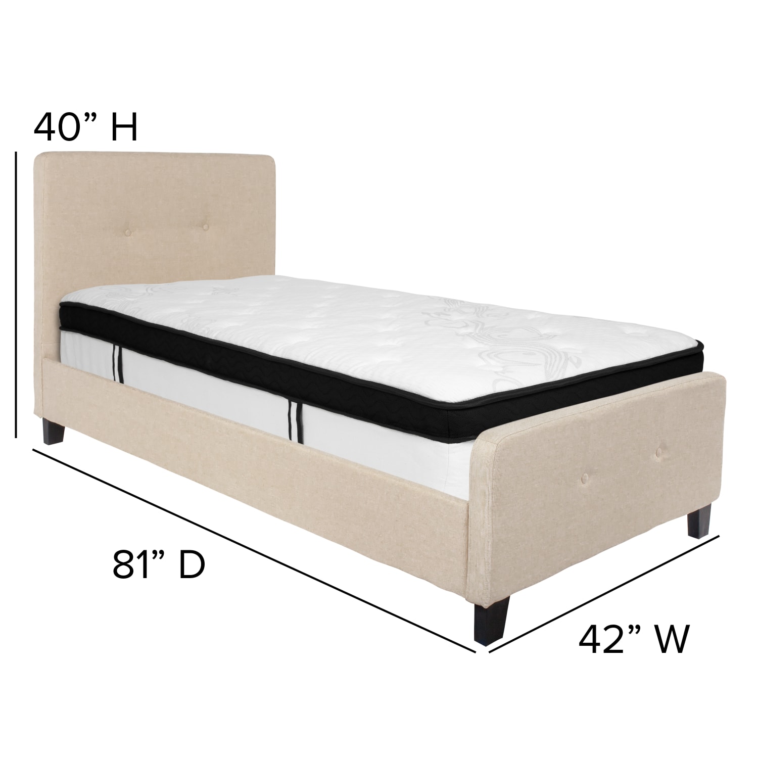 Flash Furniture Tribeca Button Tufted Upholstered Platform Bed with Memory Foam Pocket Spring Mattress, Twin, 40inH x 42inW x 81inL, Beige - Image 4