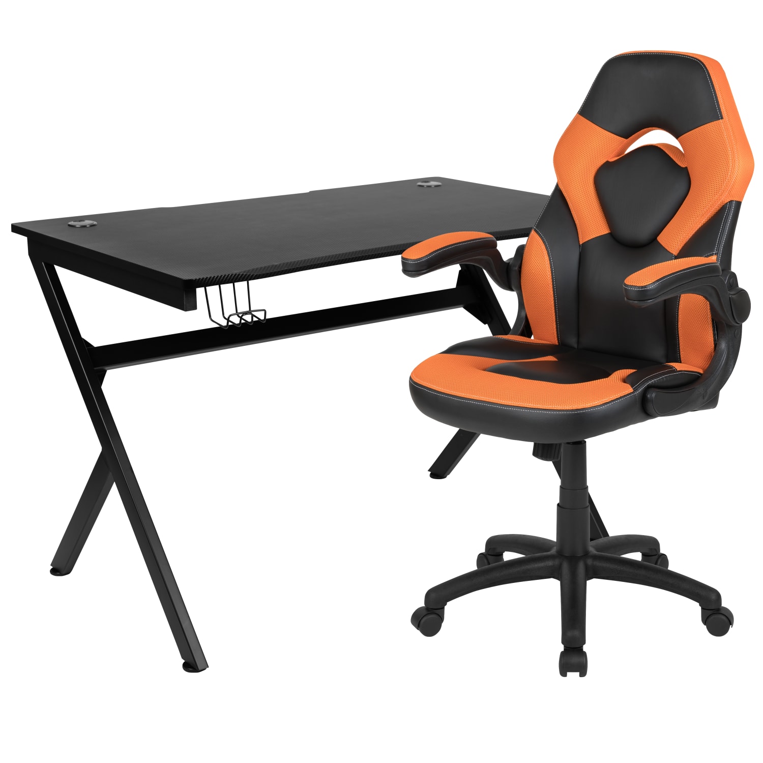Flash Furniture Gaming Desk And Racing Chair Set With Cup Holder, Headphone Hook & 2 Wire Management Holes, Orange - Image 3