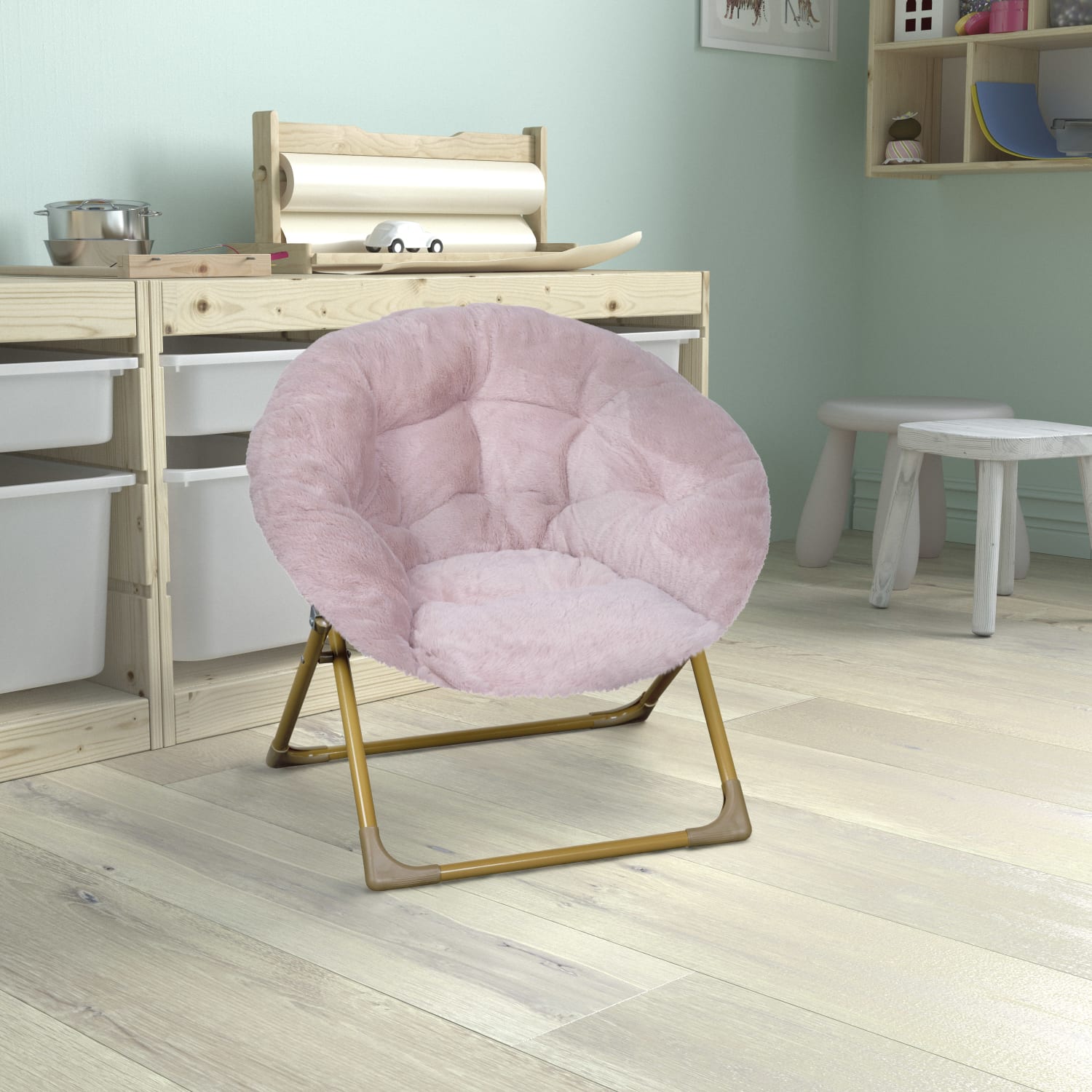 Flash Furniture Gwen  23in Kids Cozy Mini Folding Saucer Chair Faux Fur Moon Chair for Toddlers and Bedroom Blush Faux FurSoft Gold Frame PopularChairscom