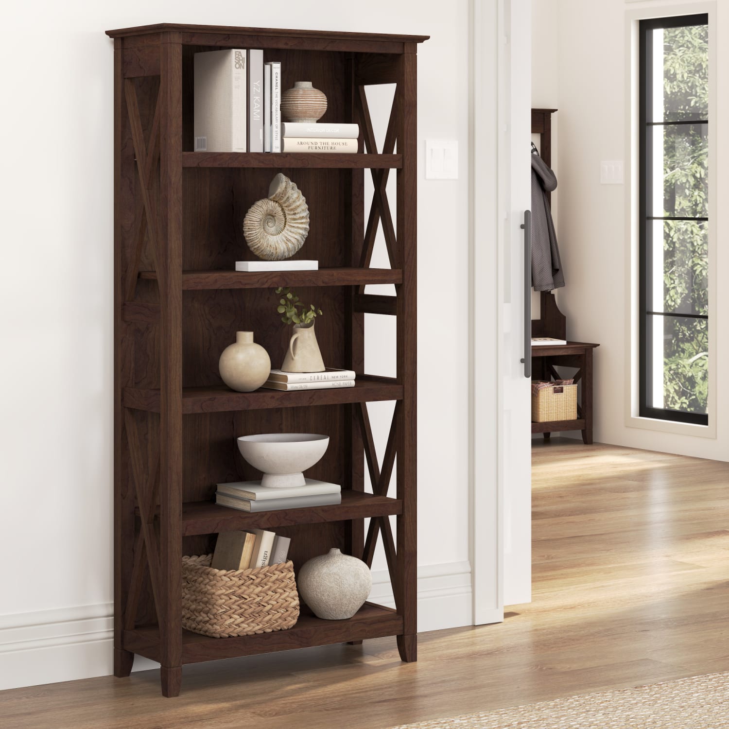 Bush Business Furniture Key West 66inH 5-Shelf Bookcase, Bing Cherry, Standard Delivery