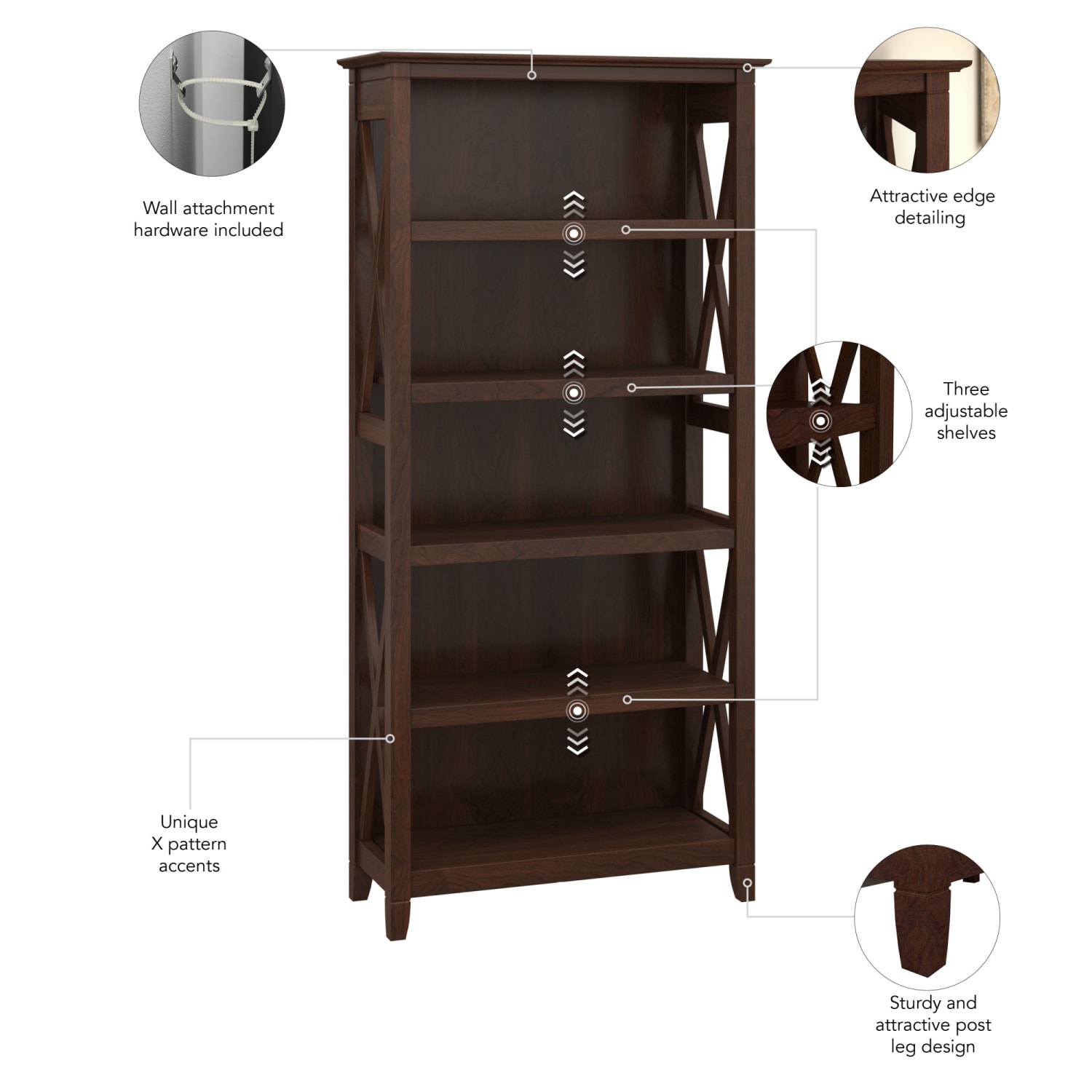 Bush Business Furniture Key West 66inH 5-Shelf Bookcase, Bing Cherry, Standard Delivery - Image 4