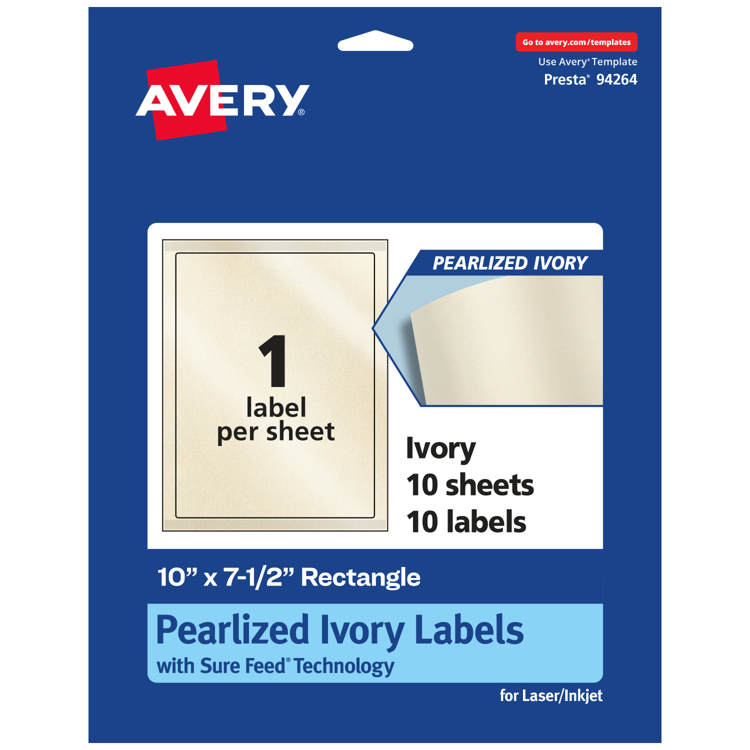 Avery Pearlized Permanent Labels With Sure Feed, 94264-PIP10, Rectangle, 10in x 7-1/2in, Ivory, Pack Of 10 Labels