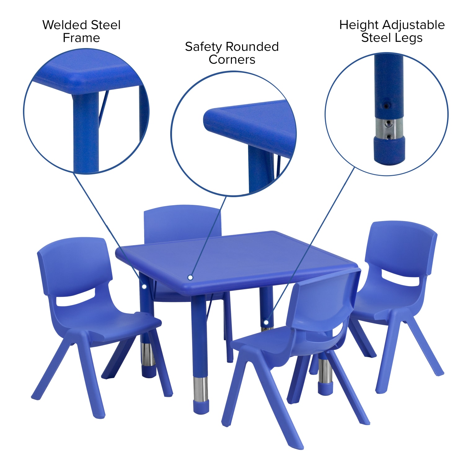 Flash Furniture 24ft Square Plastic Height Adjustable Activity Table with 4 Chairs Blue PopularChairscom