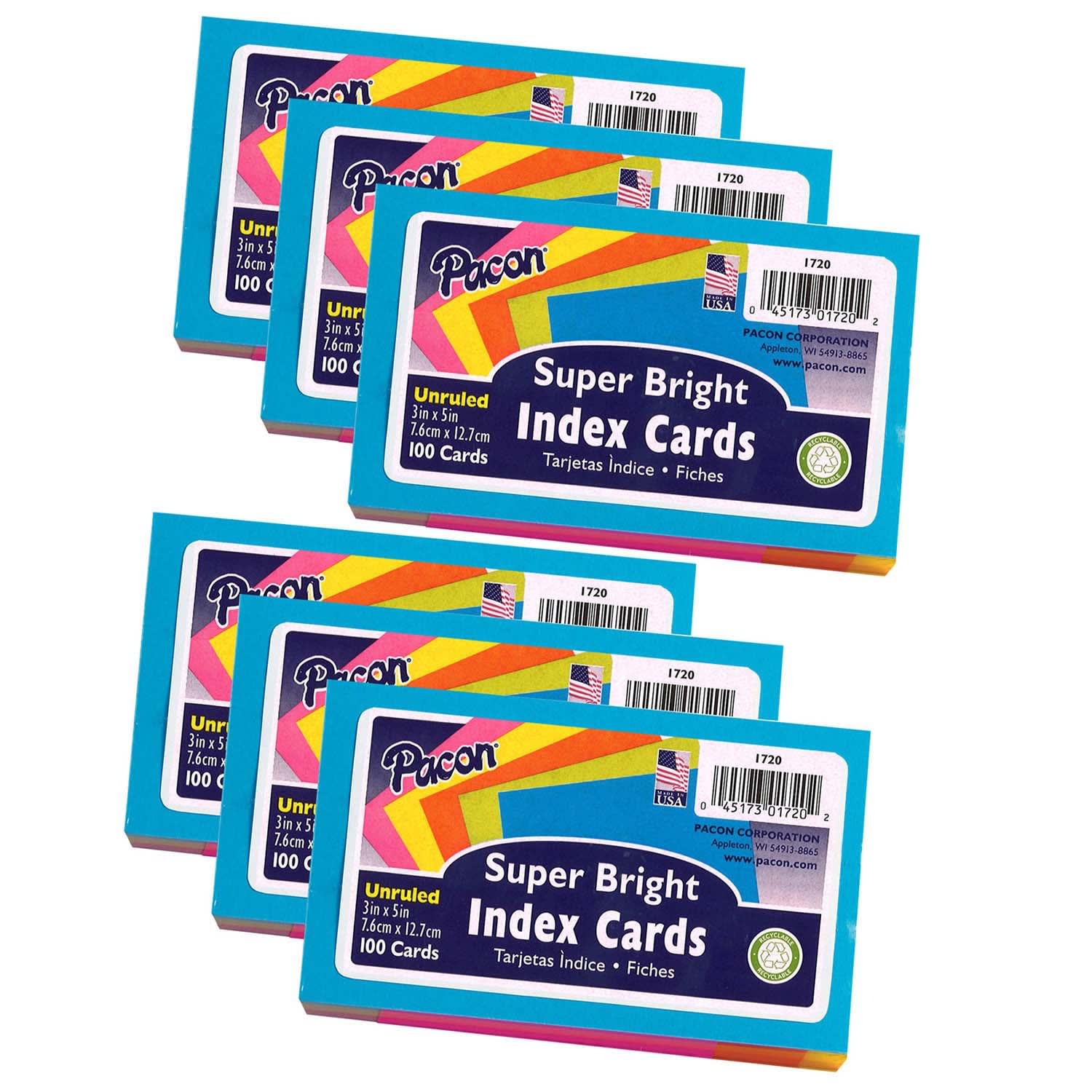 Pacon Index Cards, 5 Super Bright Assorted Colors, Unruled, 3in x 5in, 100 Cards Per Pack, Set Of 6 Packs