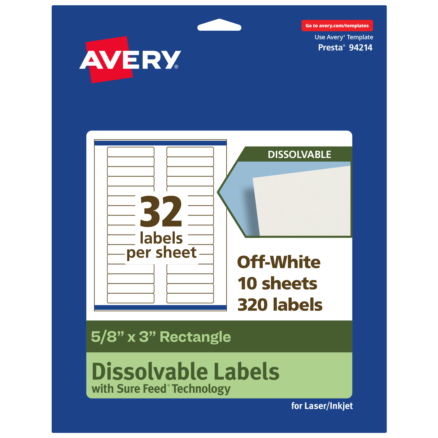Avery Dissolvable Labels With Sure Feed Technology, 94214-DWMP10, Rectangle, 5/8inx3in, Matte Off-White, Pack Of 320