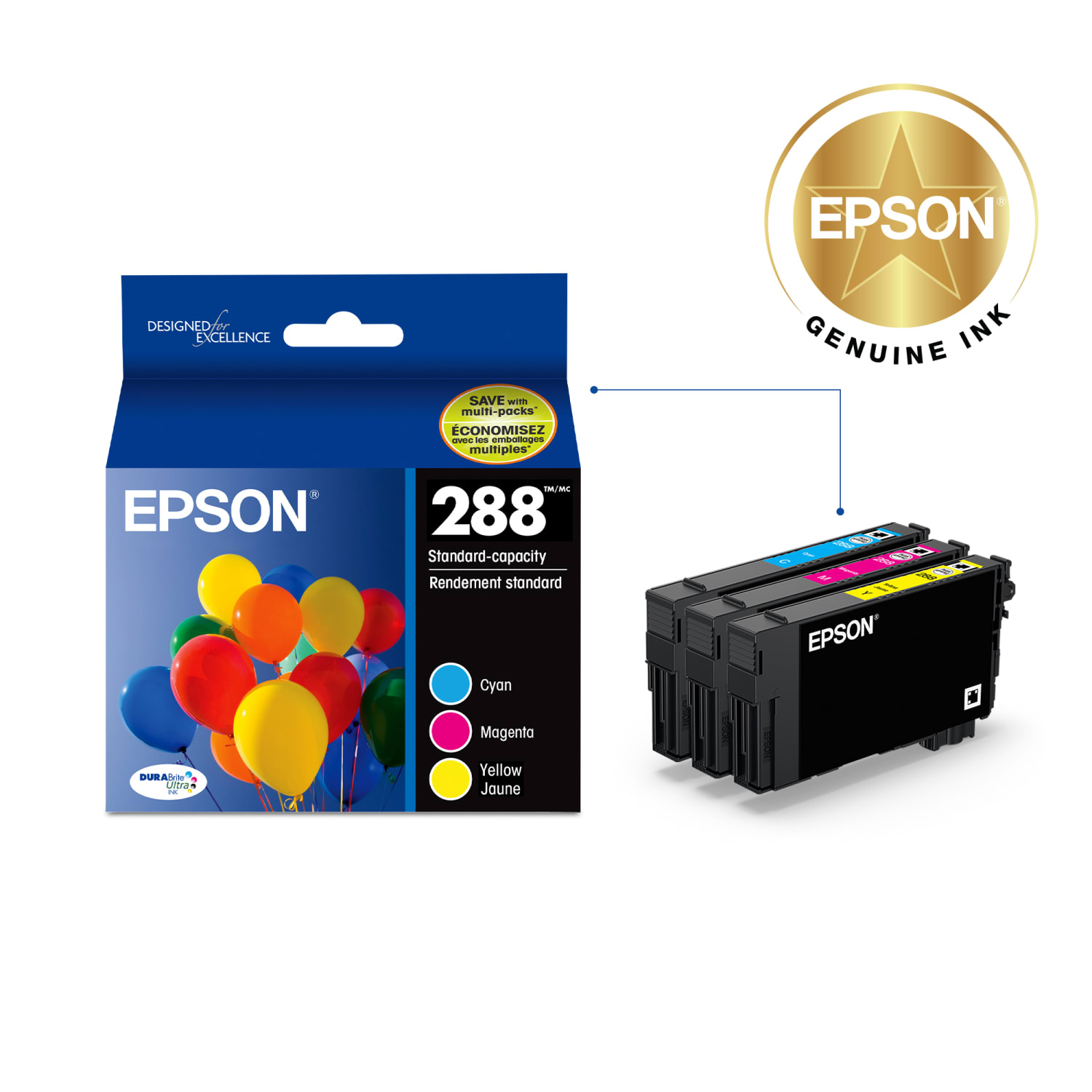 Epson 288 DuraBrite Ultra Cyan, Magenta, Yellow Ink Cartridges, Pack Of 3, T288520-S - Image 3