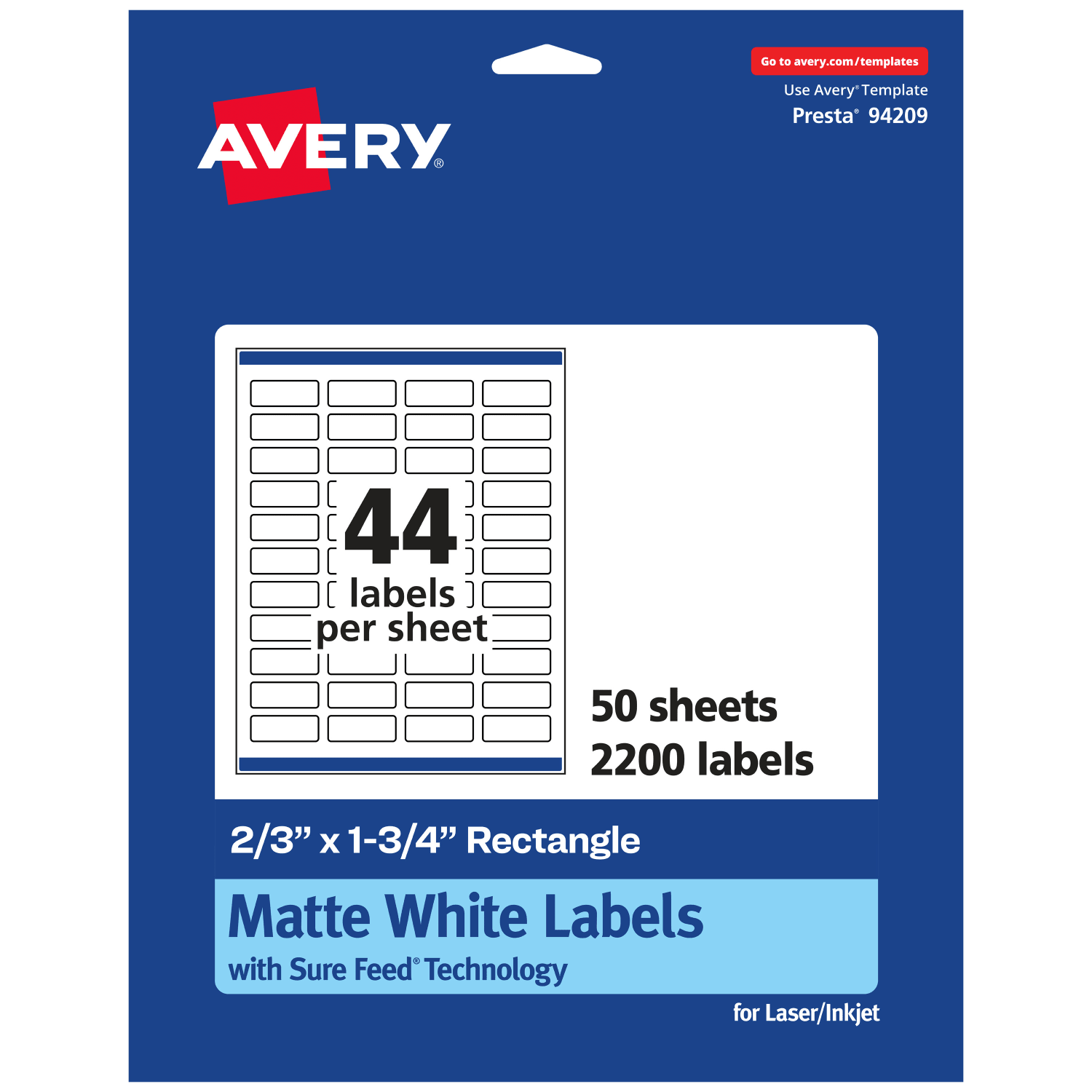 Avery Permanent Labels With Sure Feed, 94209-WMP50, Rectangle, 2/3in x 1-3/4in, White, Pack Of 2,200