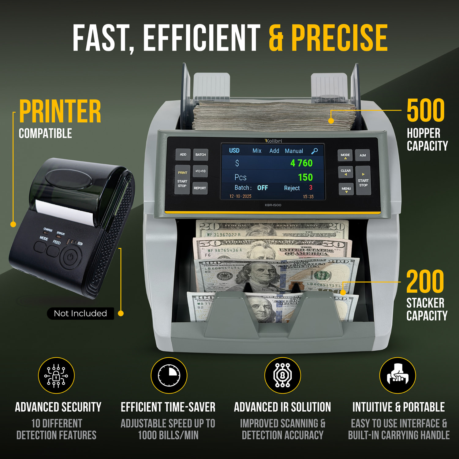 Kolibri KBR-1500 V2 1-Pocket Mixed Denomination Bill Counter And Sorter With Advanced Counterfeit Protection, 11-1/4inH x 9-5/16inW x 9-5/16inD, Gray - Image 3