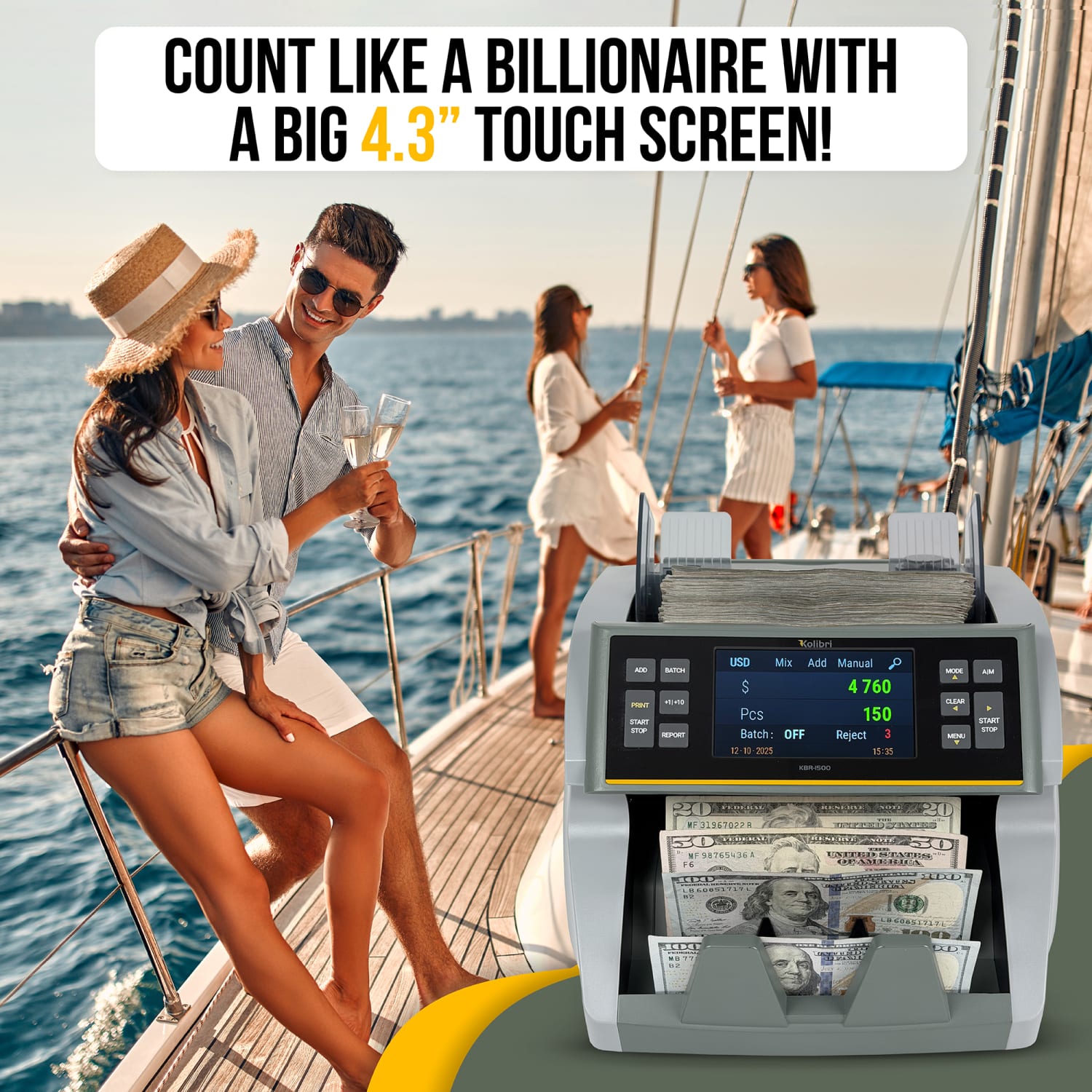 Kolibri KBR-1500 V2 1-Pocket Mixed Denomination Bill Counter And Sorter With Advanced Counterfeit Protection, 11-1/4inH x 9-5/16inW x 9-5/16inD, Gray - Image 6