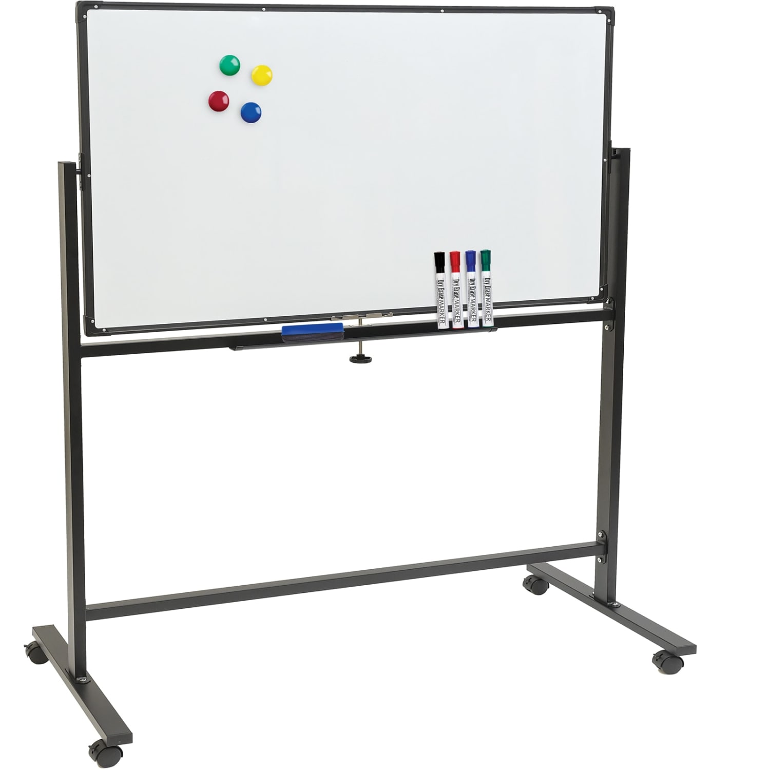 Excello Double-Sided Mobile Magnetic Dry-Erase Whiteboard On Wheels, Steel, 48in x 32in, White, Black Aluminum Frame