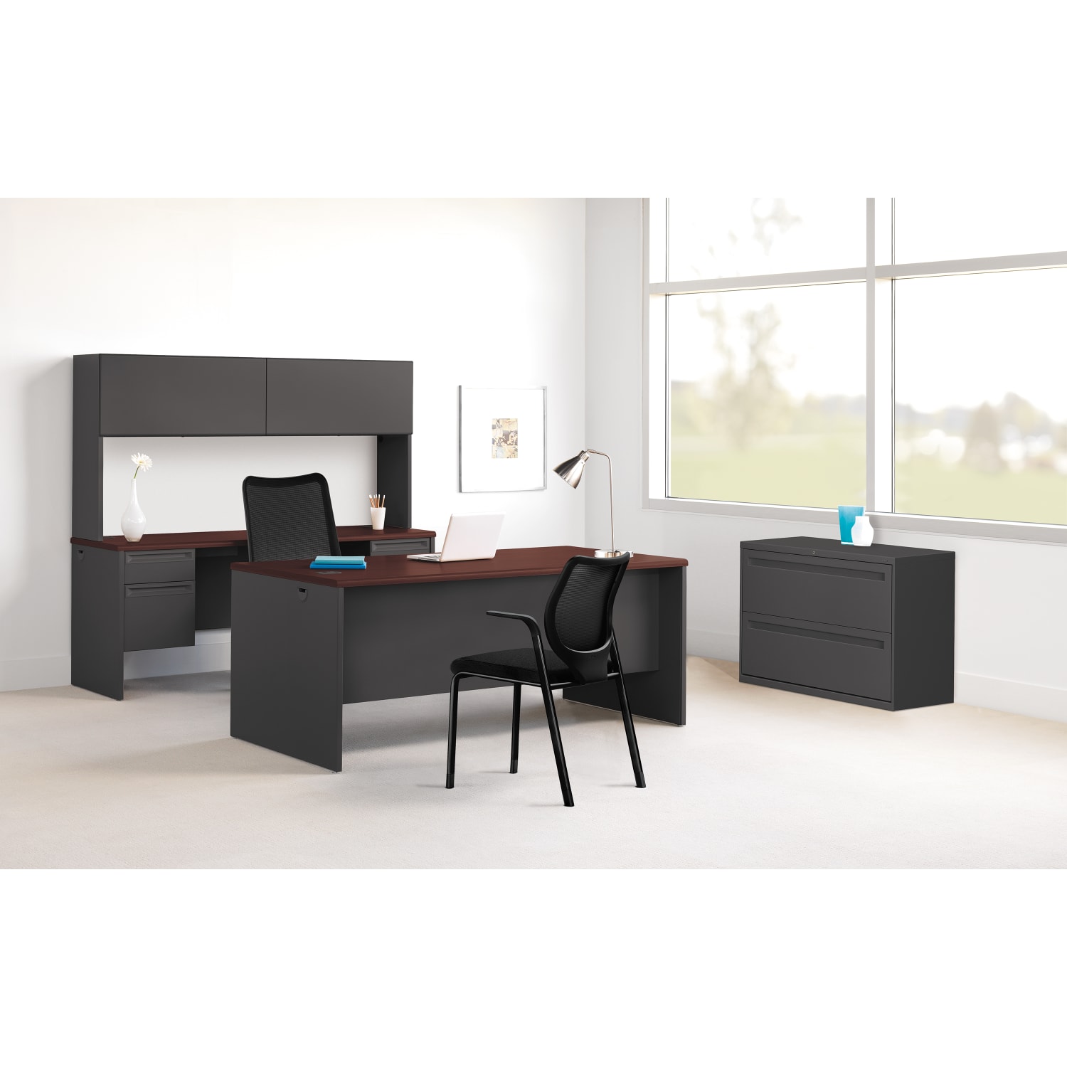 HON 38000 72inW Double-Pedestal Computer Desk, 72inW, Mahogany/Charcoal - Image 4