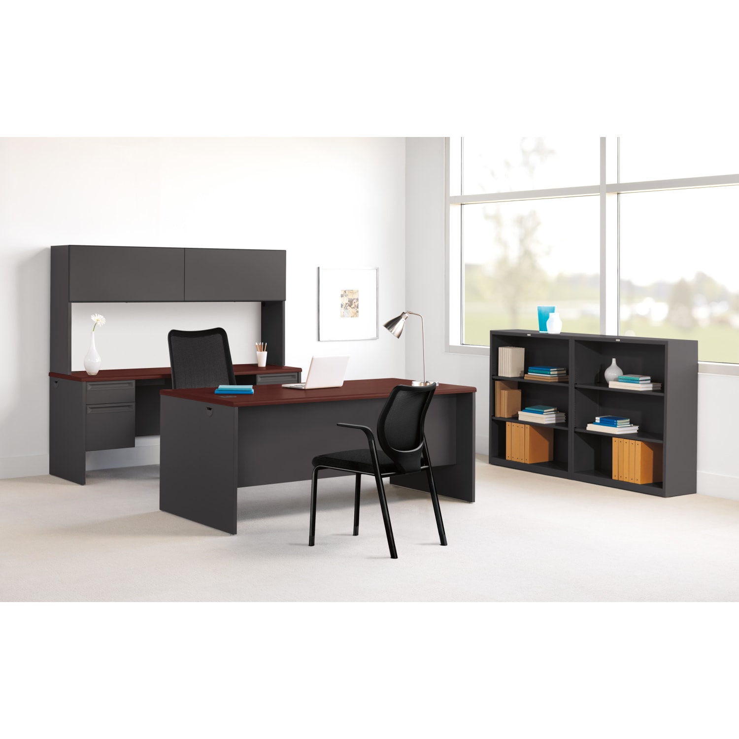 HON 38000 72inW Double-Pedestal Computer Desk, 72inW, Mahogany/Charcoal - Image 5