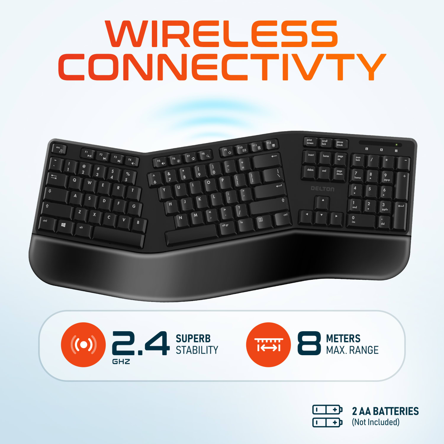 Delton KB200 Ergonomic Wrist Rest Wireless Keyboard With USB Dongle, Black - Image 5