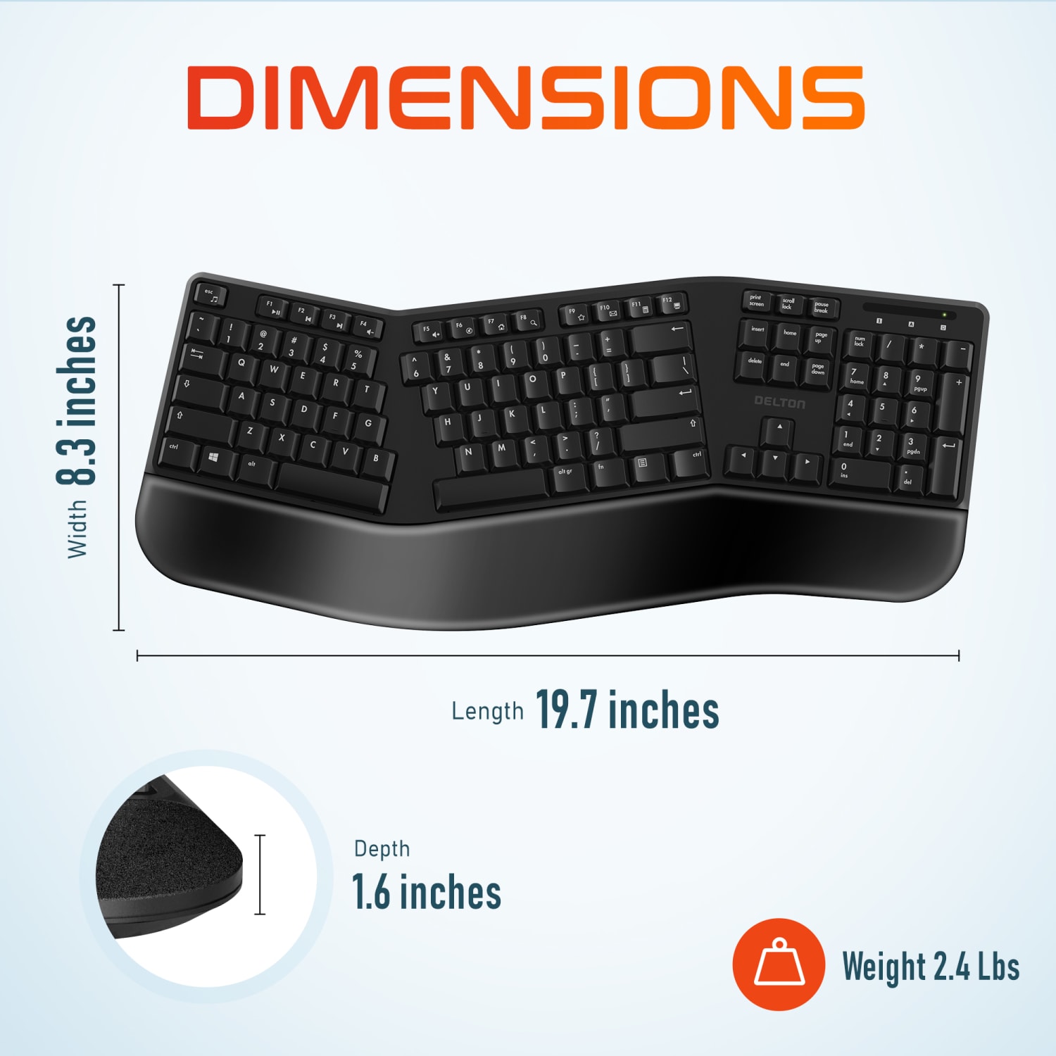 Delton KB200 Ergonomic Wrist Rest Wireless Keyboard With USB Dongle, Black - Image 6