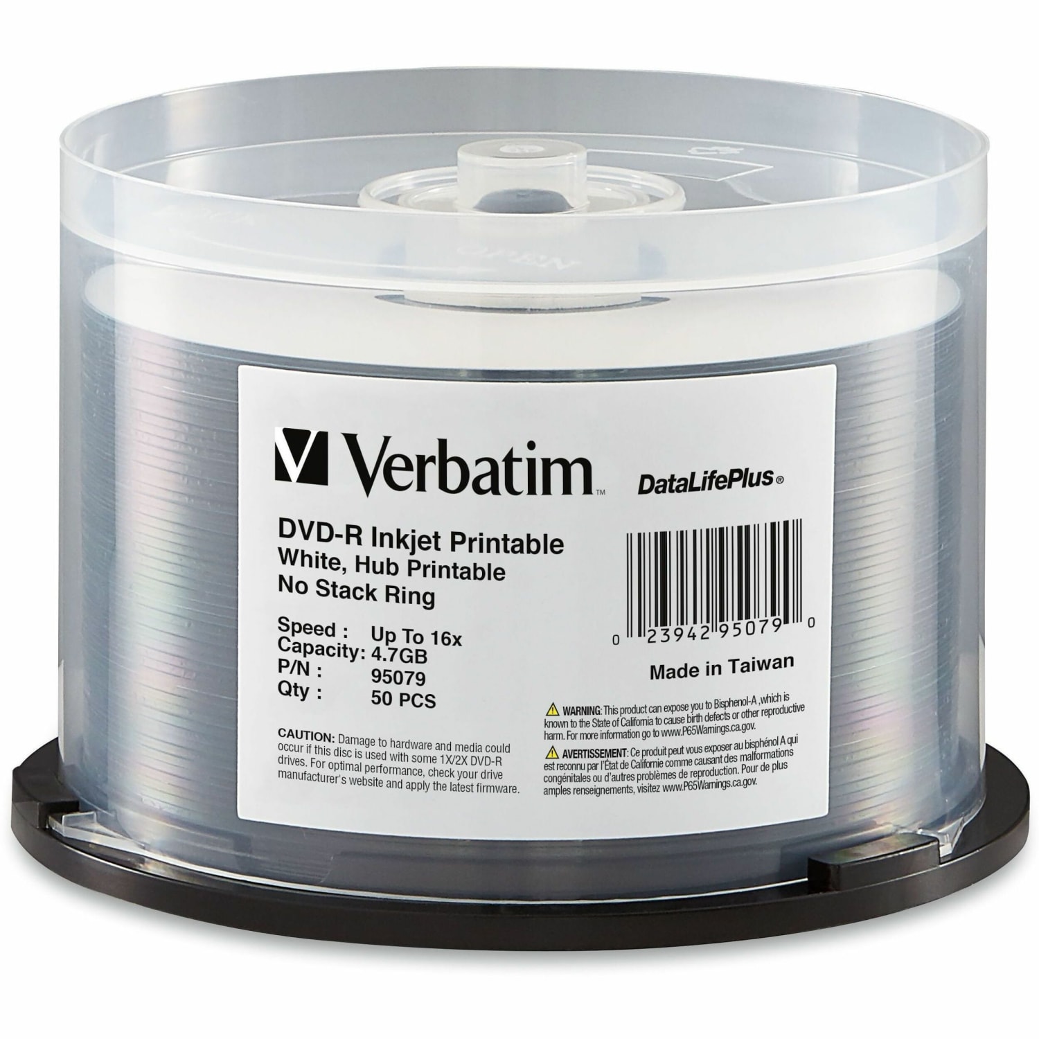 Verbatim DVD-R 4.7GB 16X DataLifePlus White Inkjet Printable, Hub Printable - 50pk Spindle