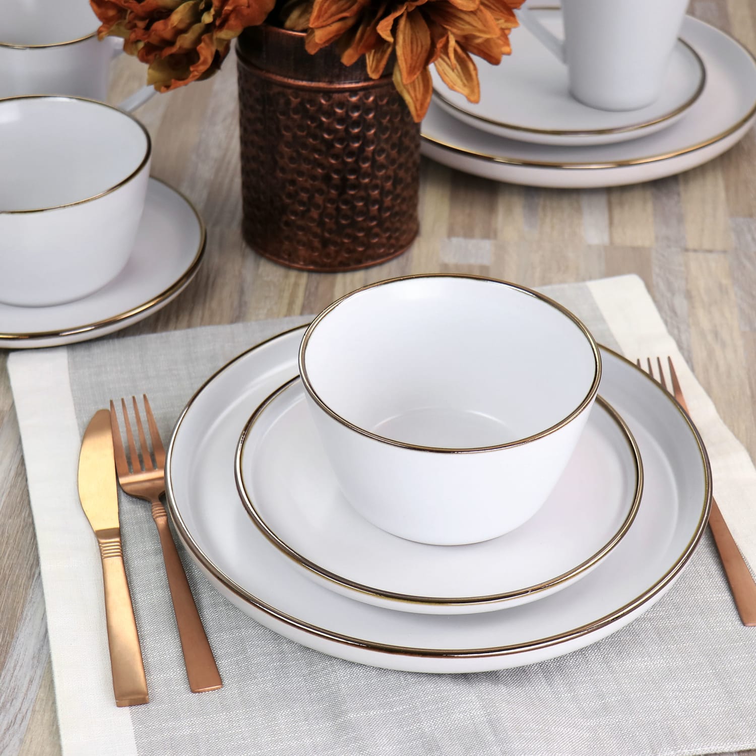 Elama Arthur 16-Piece Stoneware Dinnerware Set, Matte White/Gold - Image 4