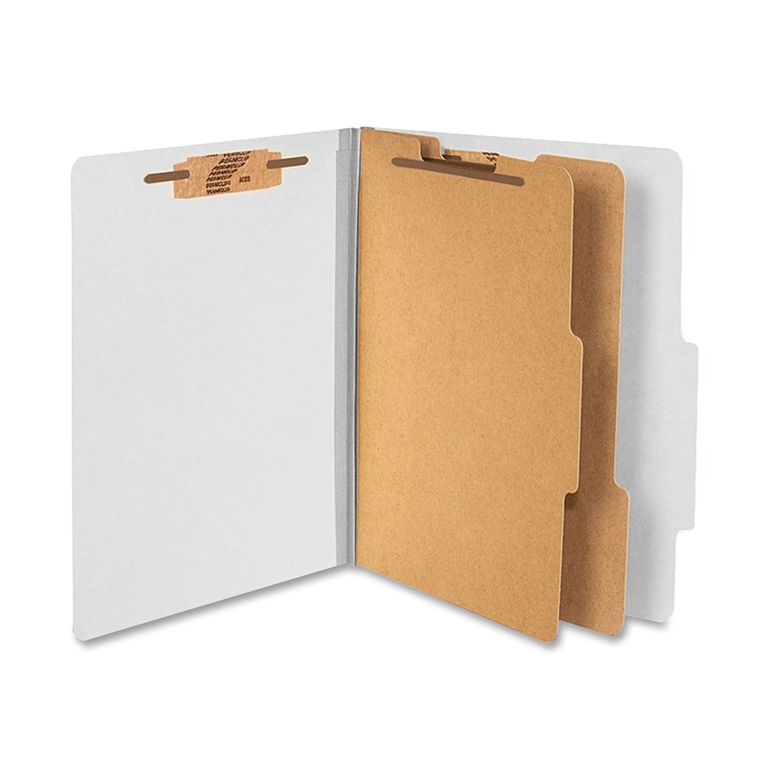 ACCO Durable Pressboard Classification Folders, Letter Size, 3in Expansion, 2 Partitions, 60% Recycled, Mist Gray, Box Of 10