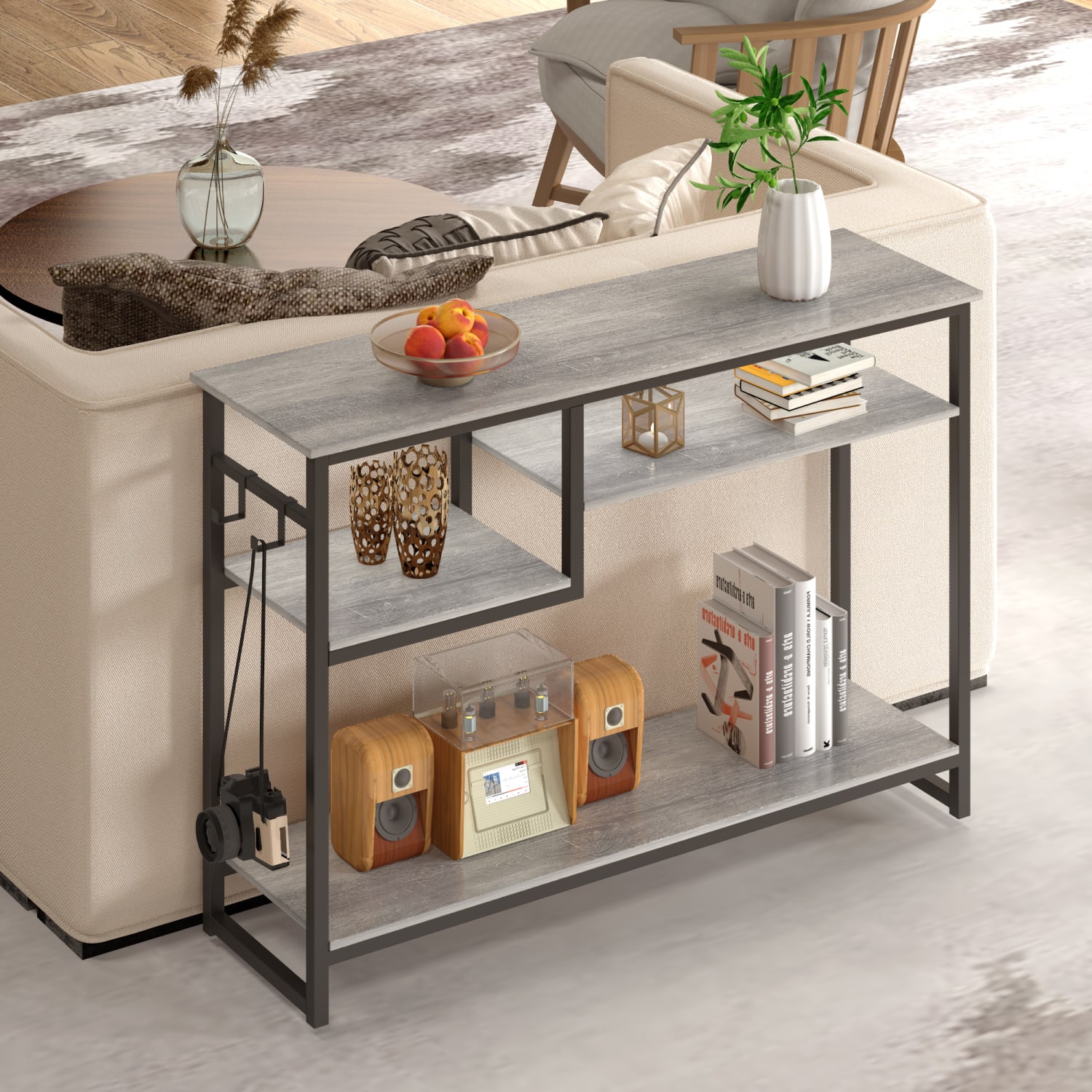 Bestier Console Table With 4-Tier Storage Shelves & 2 Hooks, 29-15/16inH x 39-3/8inW x 11-13/16inD, Light Retro Gray Oak - Image 3