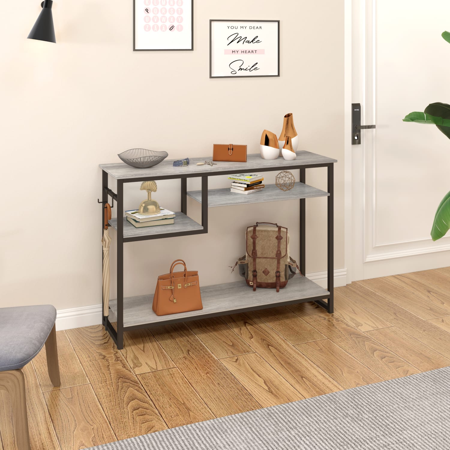 Bestier Console Table With 4-Tier Storage Shelves & 2 Hooks, 29-15/16inH x 39-3/8inW x 11-13/16inD, Light Retro Gray Oak - Image 4