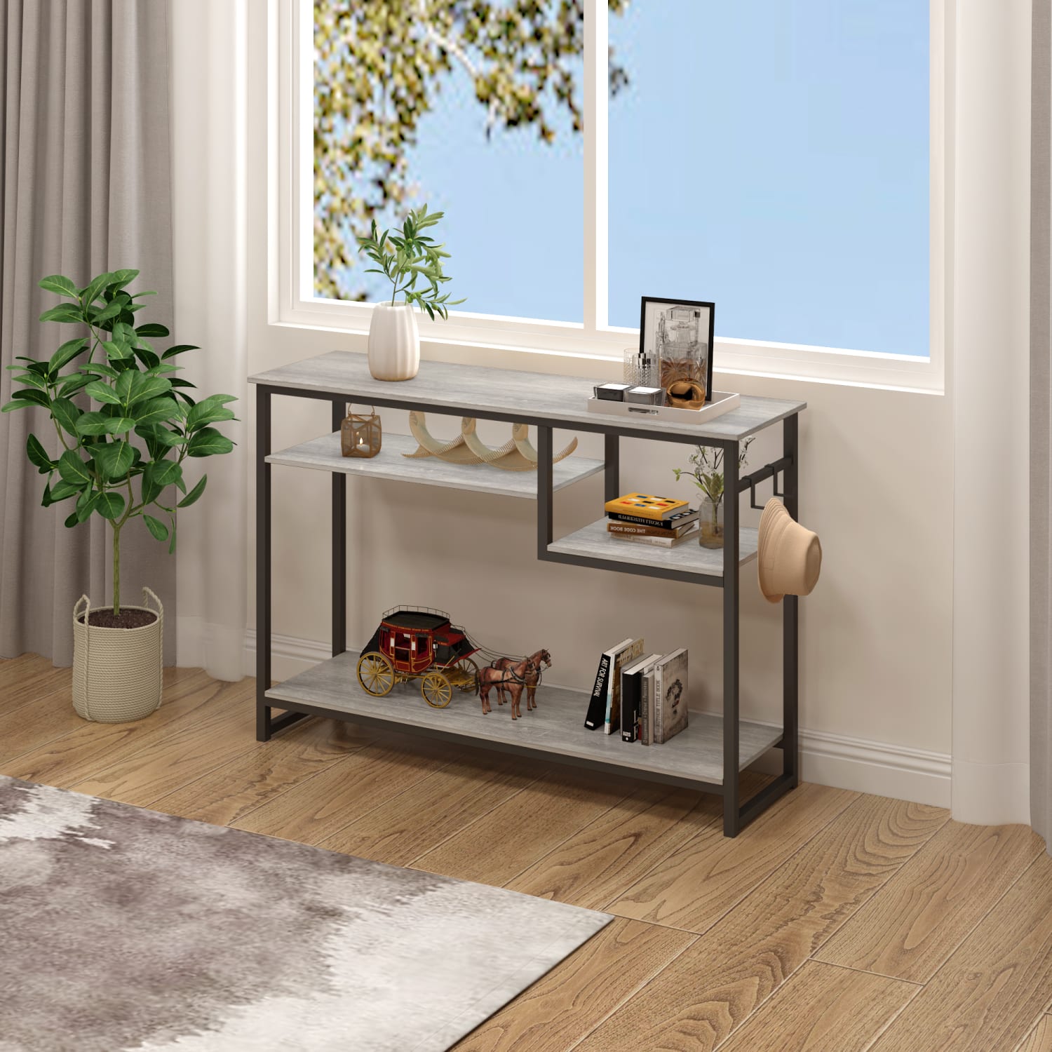 Bestier Console Table With 4-Tier Storage Shelves & 2 Hooks, 29-15/16inH x 39-3/8inW x 11-13/16inD, Light Retro Gray Oak - Image 5