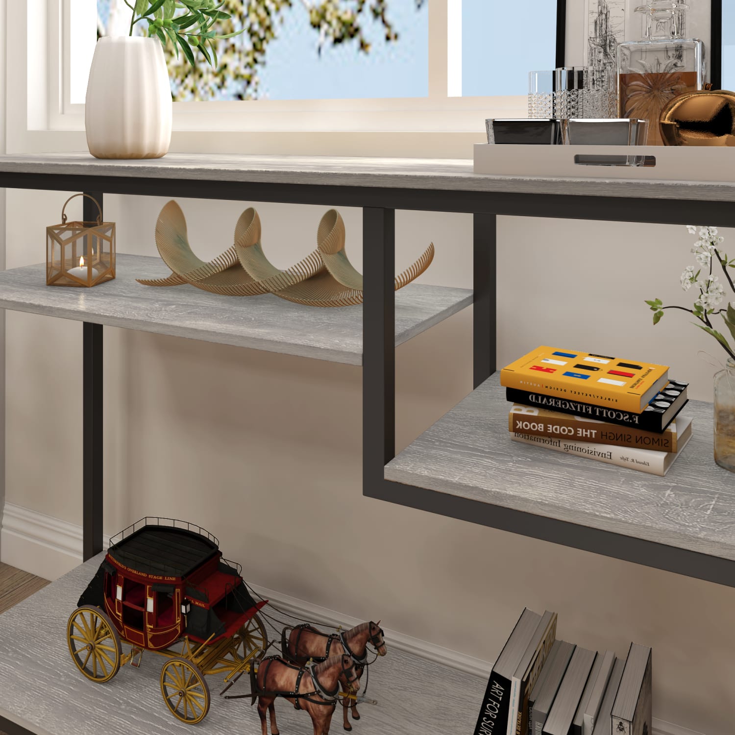Bestier Console Table With 4-Tier Storage Shelves & 2 Hooks, 29-15/16inH x 39-3/8inW x 11-13/16inD, Light Retro Gray Oak - Image 6