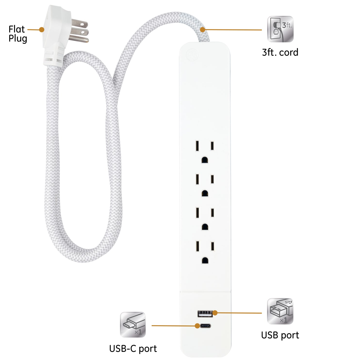 GE UltraPro 4-Outlet Surge Protector With USB, 3ft Cord, 41354 - Image 3