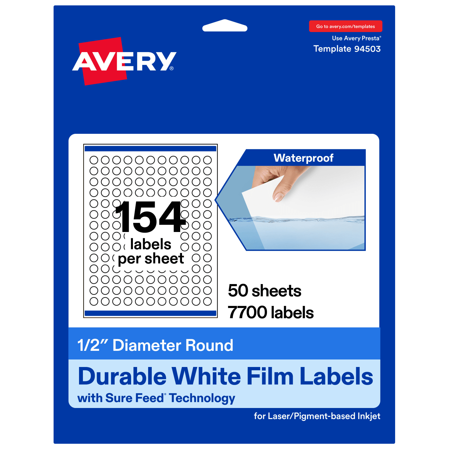 Avery Waterproof Permanent Labels With Sure Feed, 94503-WMF50, Round, 1/2in Diameter, White, Pack Of 7,700