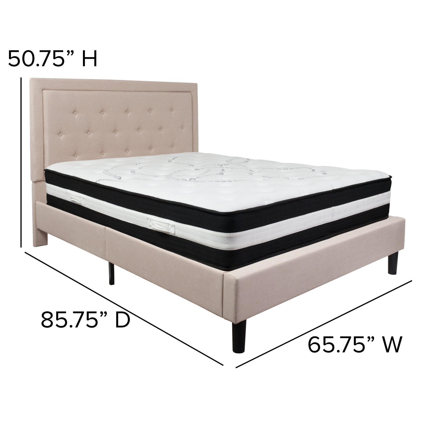 Flash Furniture Roxbury Panel Tufted Upholstered Platform Bed and Pocket Spring Mattress, Queen, 50-3/4inH x 65-3/4inW x 85-3/4inL, Beige - Image 5