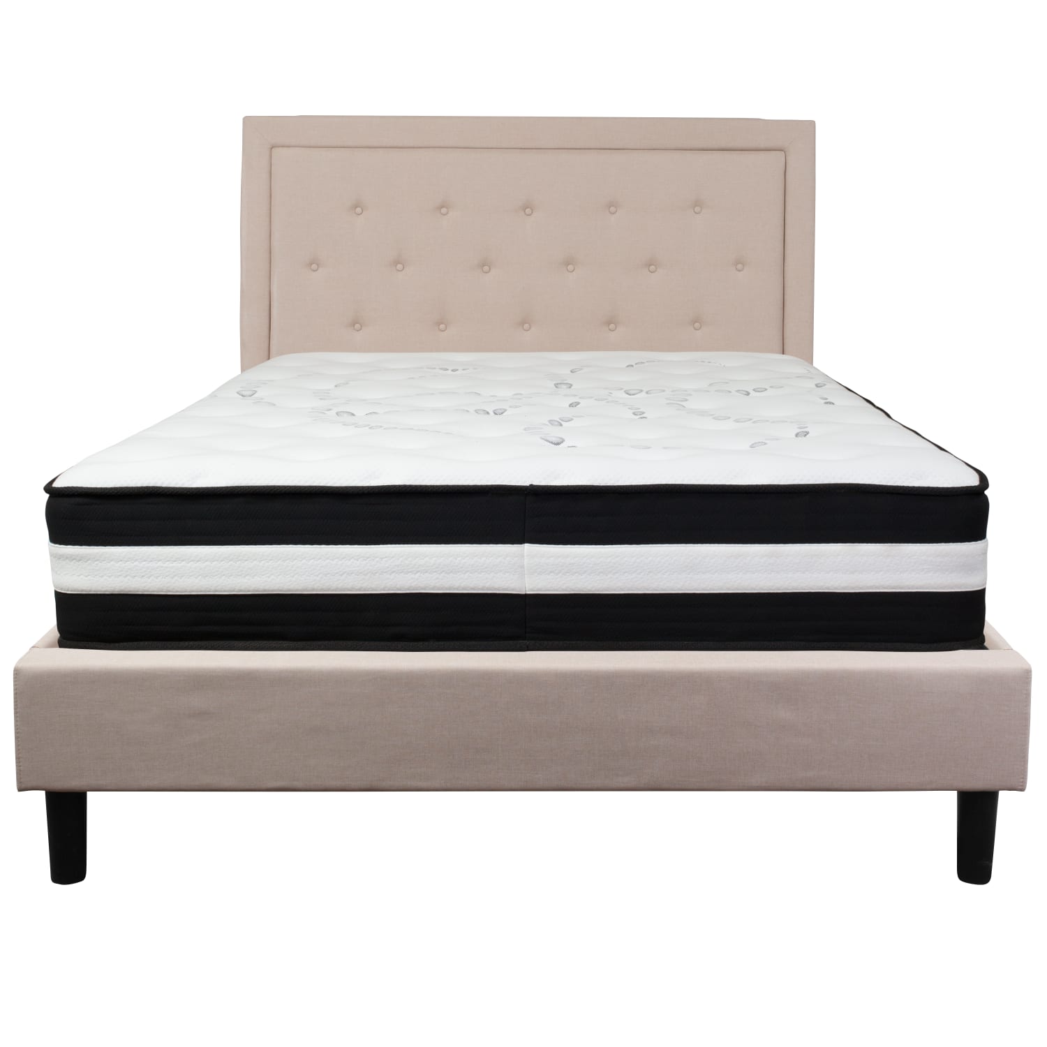 Flash Furniture Roxbury Panel Tufted Upholstered Platform Bed and Pocket Spring Mattress, Queen, 50-3/4inH x 65-3/4inW x 85-3/4inL, Beige - Image 6