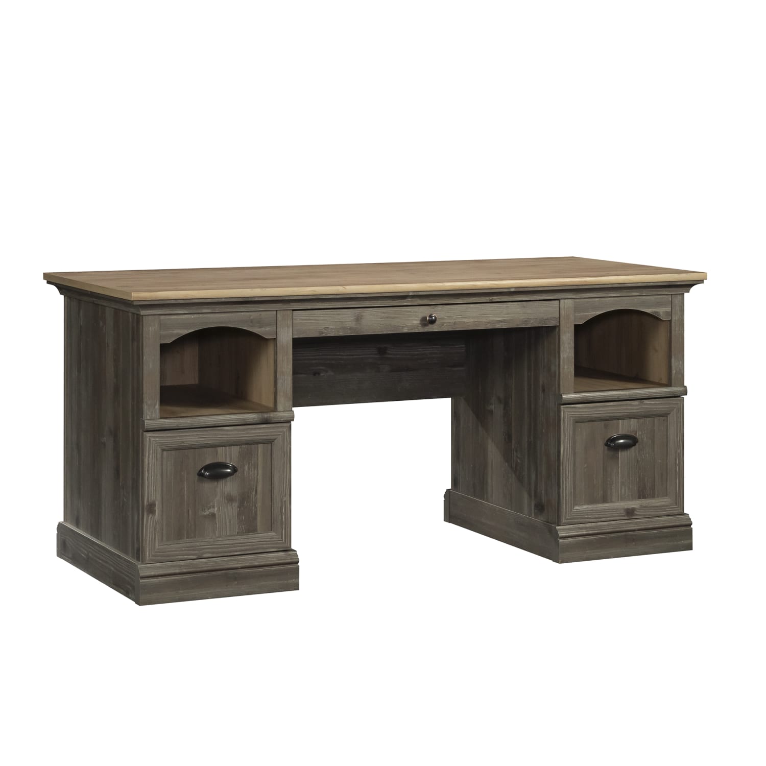 Sauder Sonnet Springs 66inW Executive Double Pedestal Computer Desk, Pebble Pine/Khaki Pine