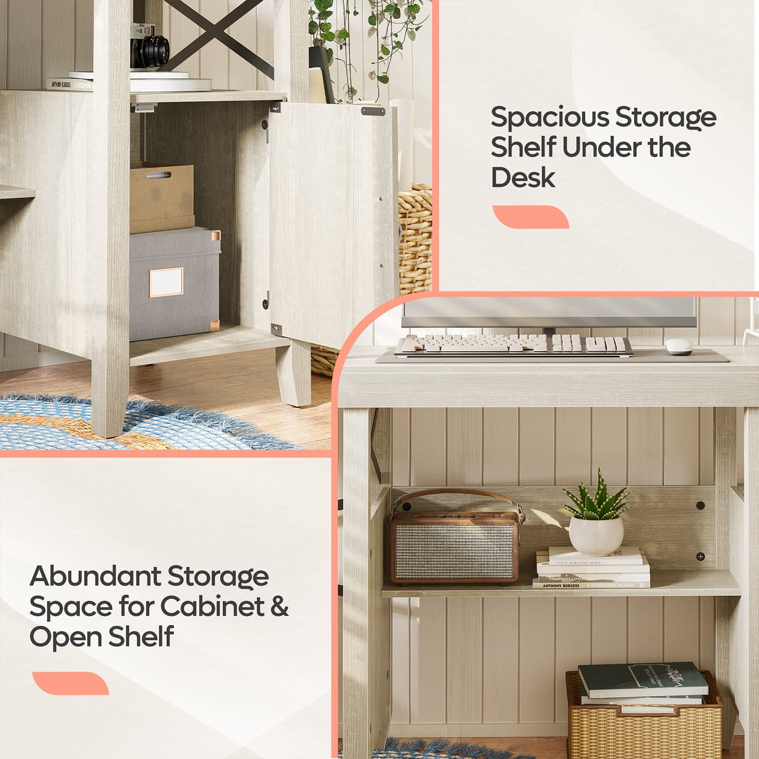 Bestier 60inW L-Shaped Corner Computer Desk With Storage Cabinet & Accessory Hooks, White Wash - Image 4