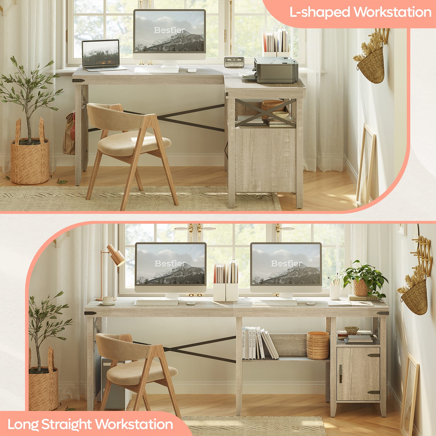 Bestier 60inW L-Shaped Corner Computer Desk With Storage Cabinet & Accessory Hooks, White Wash - Image 6
