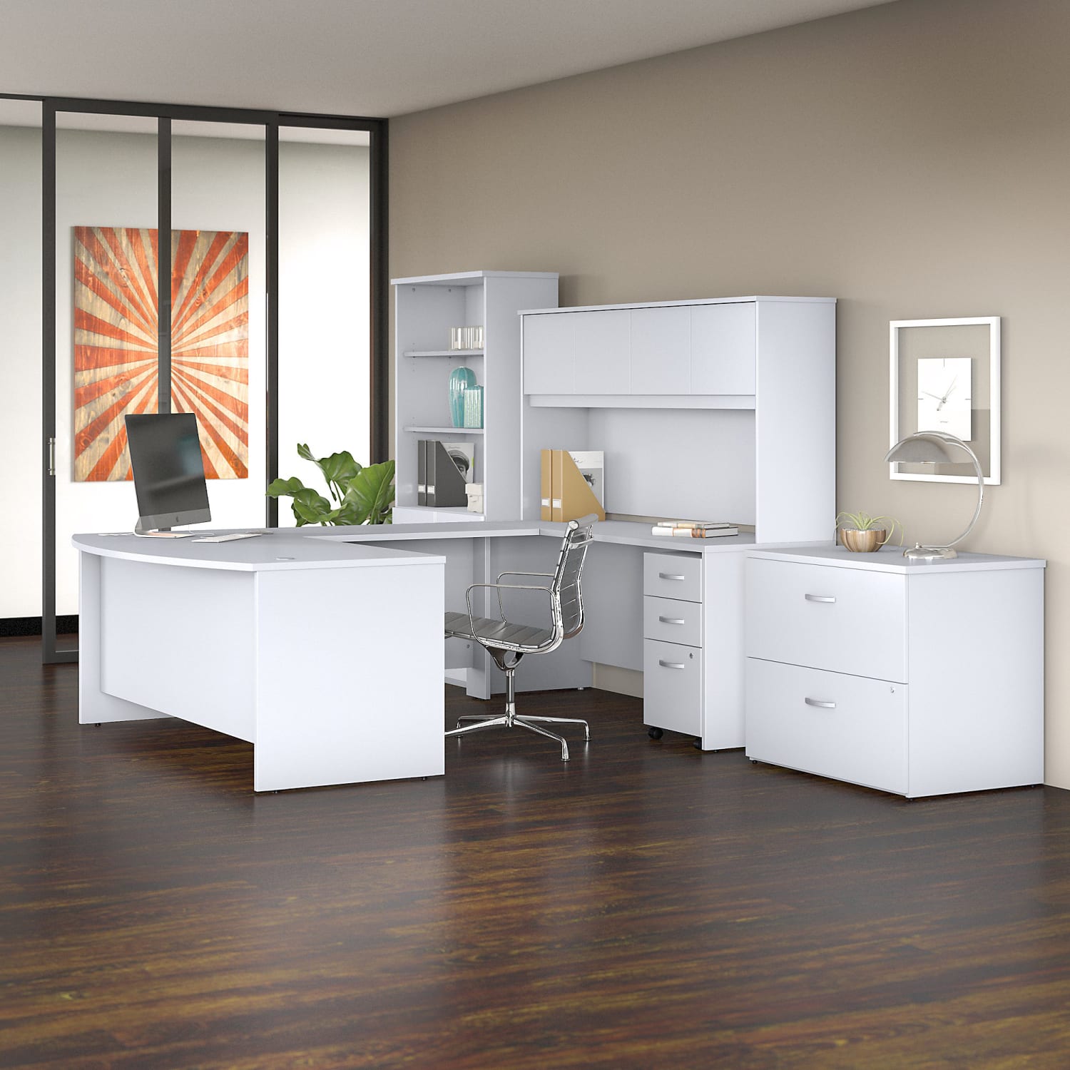 Bush Business Furniture Studio C 72inW x 36inD U Shaped Desk with Hutch, Bookcase and File Cabinets, White, Standard Delivery - Image 3