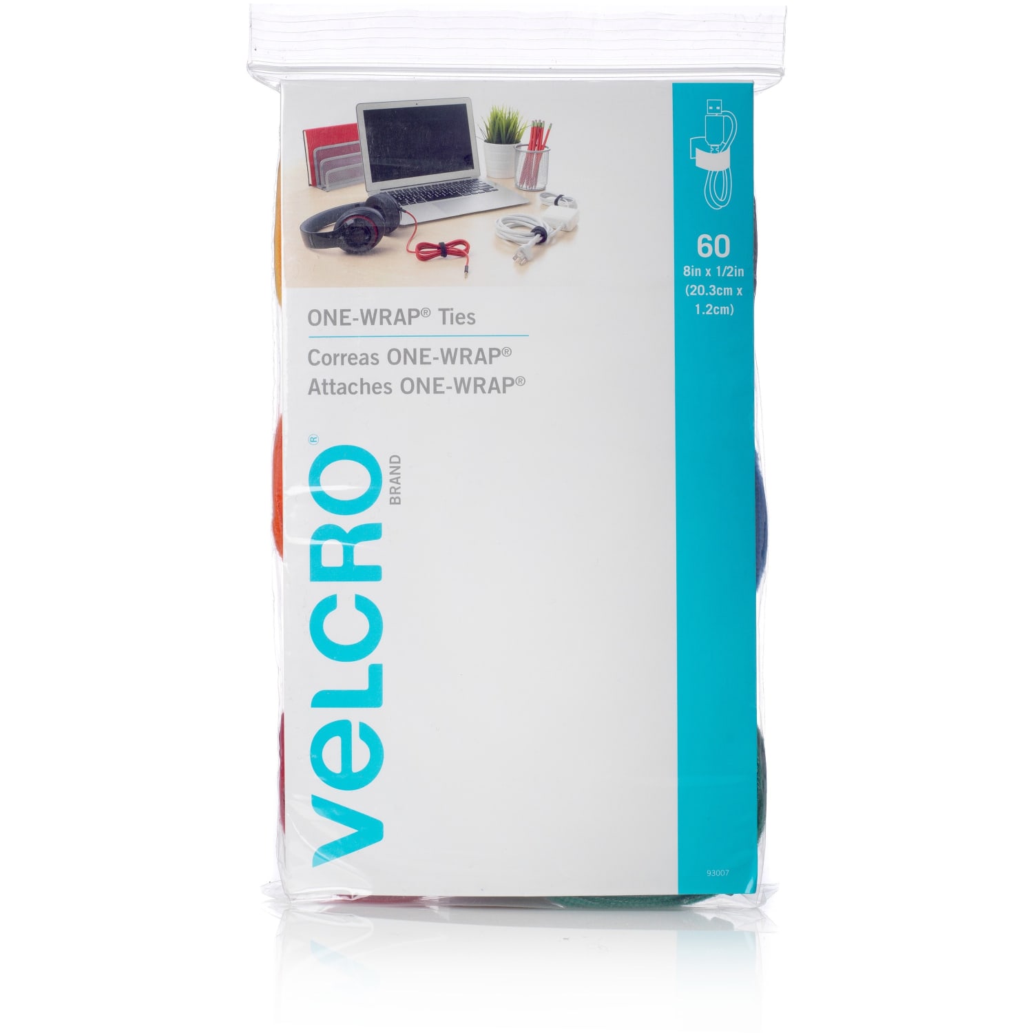 VELCRO Brand ONE-WRAP Thin Ties, 8in x 1/2in, Assorted Colors, Pack Of 60 Ties