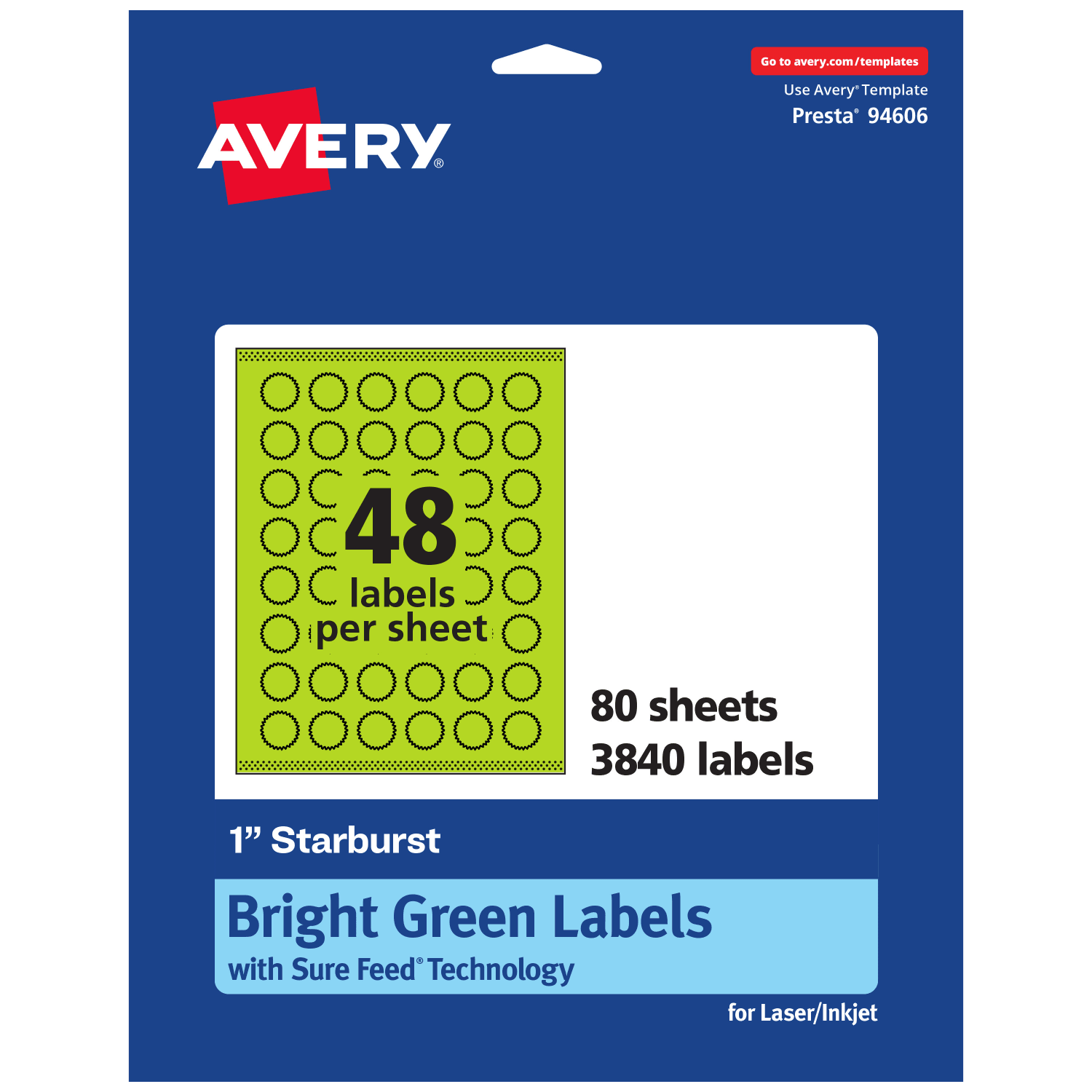 Avery Print-To-The-Edge Labels With Sure Feed Technology, 94606-BGP80, Starburst, 1in, Matte Bright Green, Pack of 3840