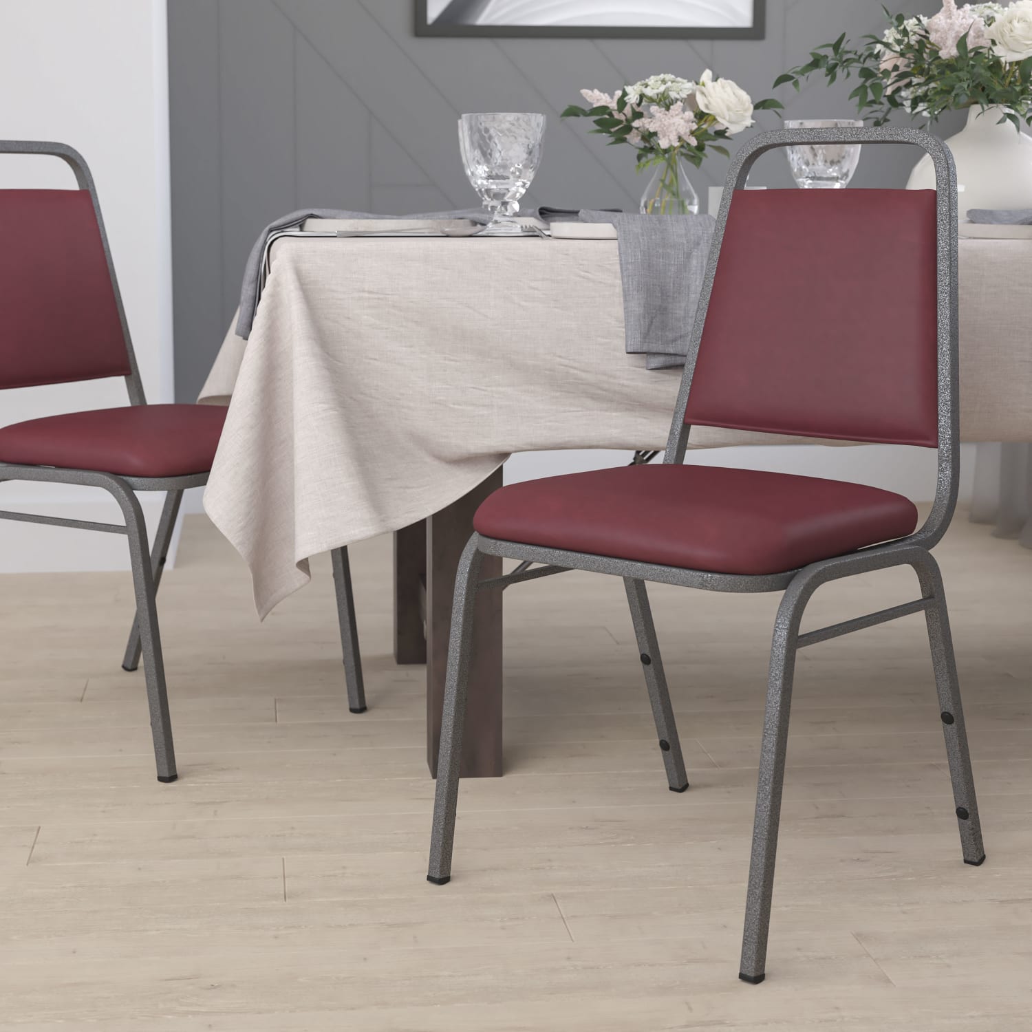 Flash Furniture HERCULES Series Trapezoidal Back Vinyl Stacking Banquet Chair with 1.5in Thick Seat, Burgundy Vinyl/Silver Vein Frame - Image 3