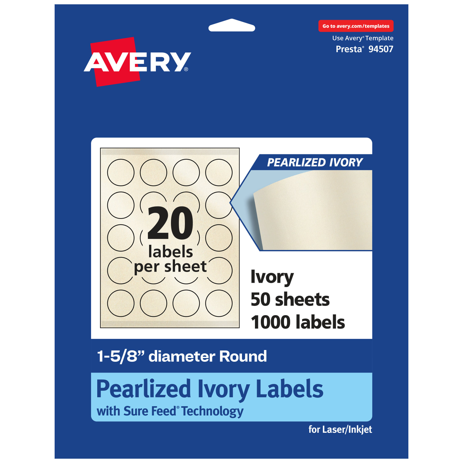 Avery Pearlized Permanent Labels With Sure Feed, 94507-PIP50, Round, 1-5/8in Diameter, Ivory, Pack Of 1,000 Labels