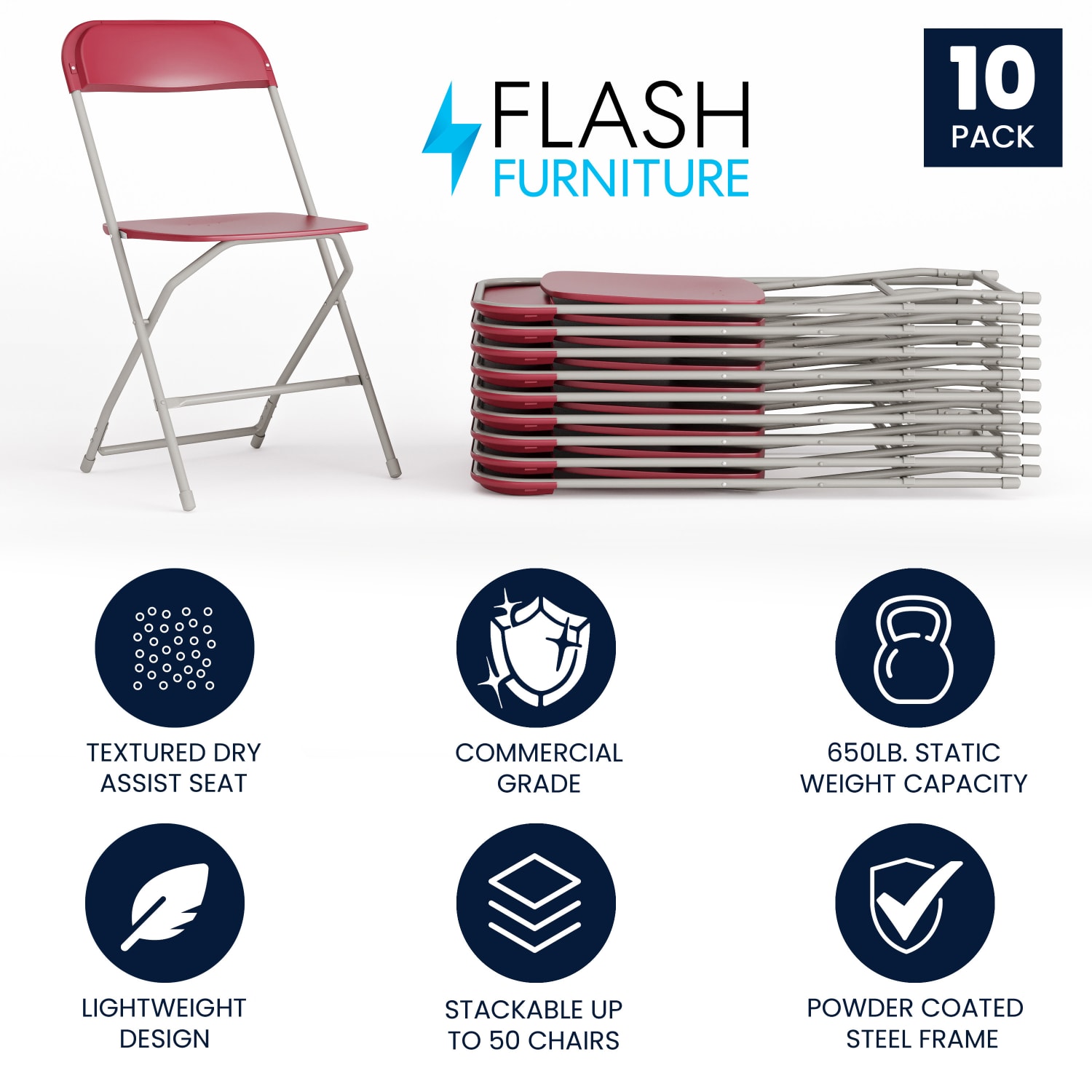 Flash Furniture HERCULES Series Premium Plastic Folding Chairs Red Set Of 10 Chairs PopularChairscom