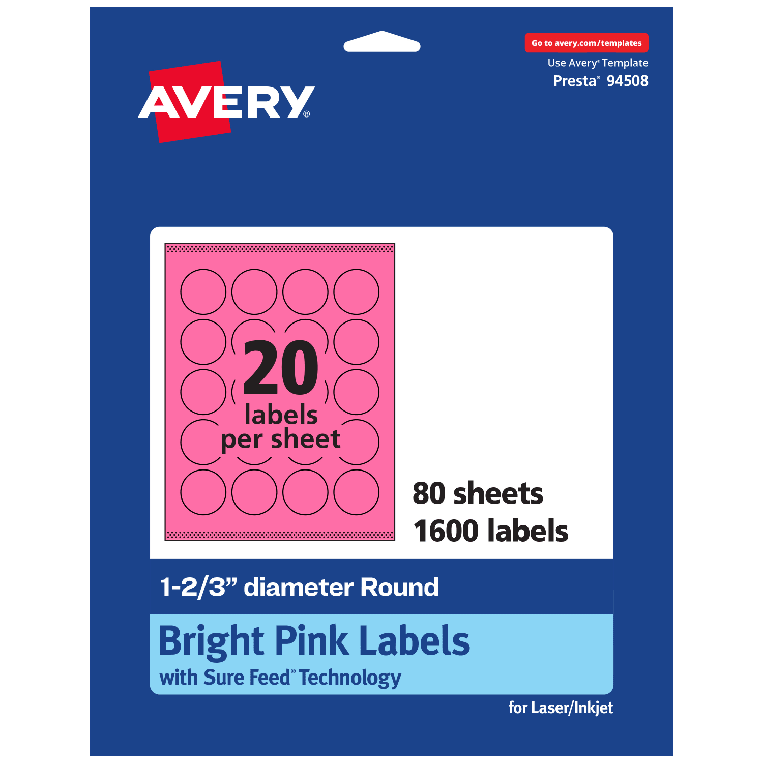 Avery Print-To-The-Edge Labels With Sure Feed Technology And Easy Peel Label Feature, 94508-BPP80, Round, 1-2/3in, Matte Bright Pink, Pack of 1600